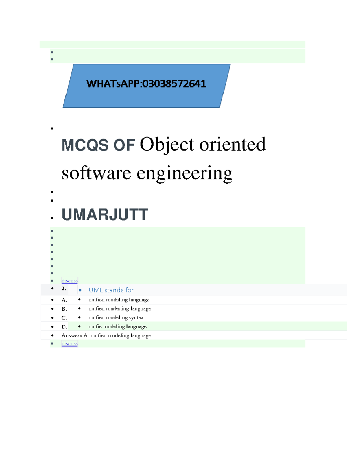 MCQS on Object Oriented Software Engineering (OOS 101) - Studocu