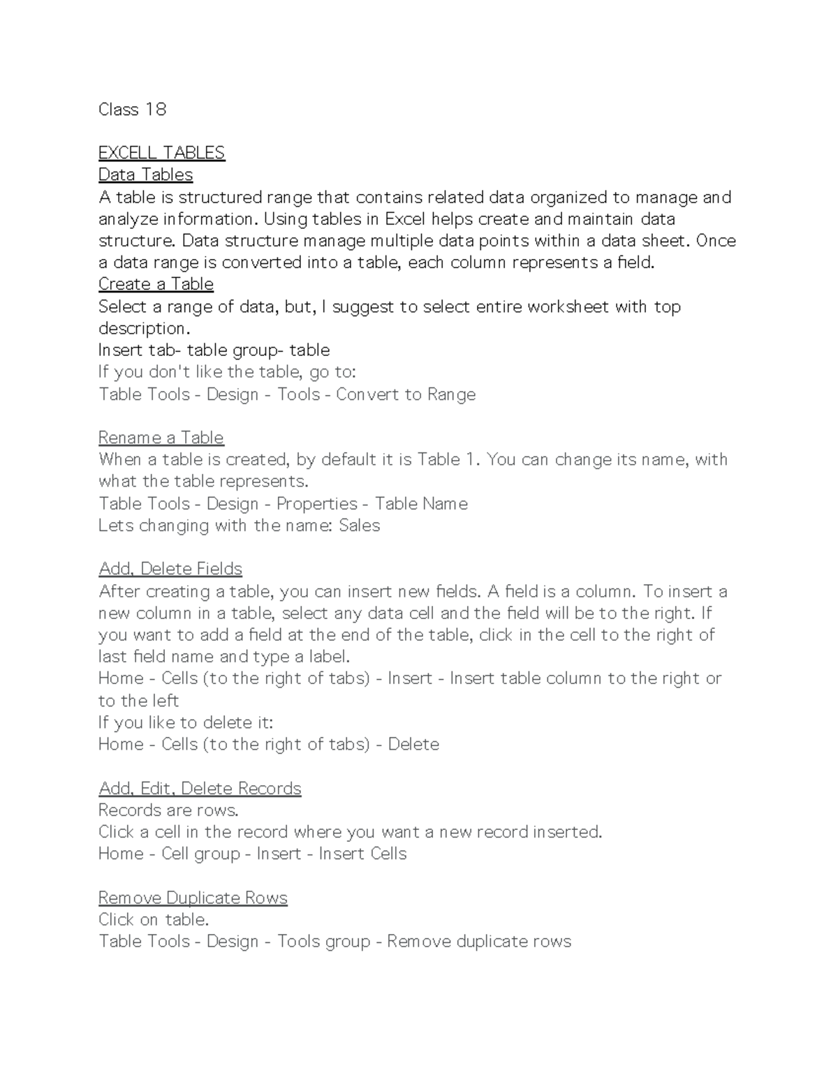 IT-150 Class 18: Excel Tables & Data Management Lecture Notes - Studocu