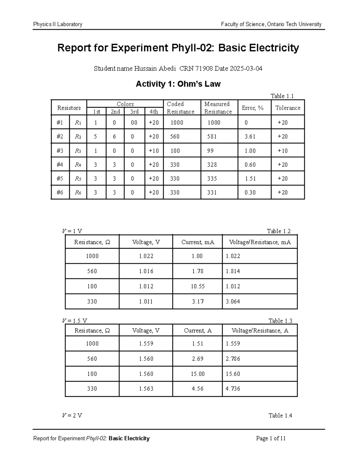 Report Basic Electricity - Report for Experiment PhyII-02: Basic ...