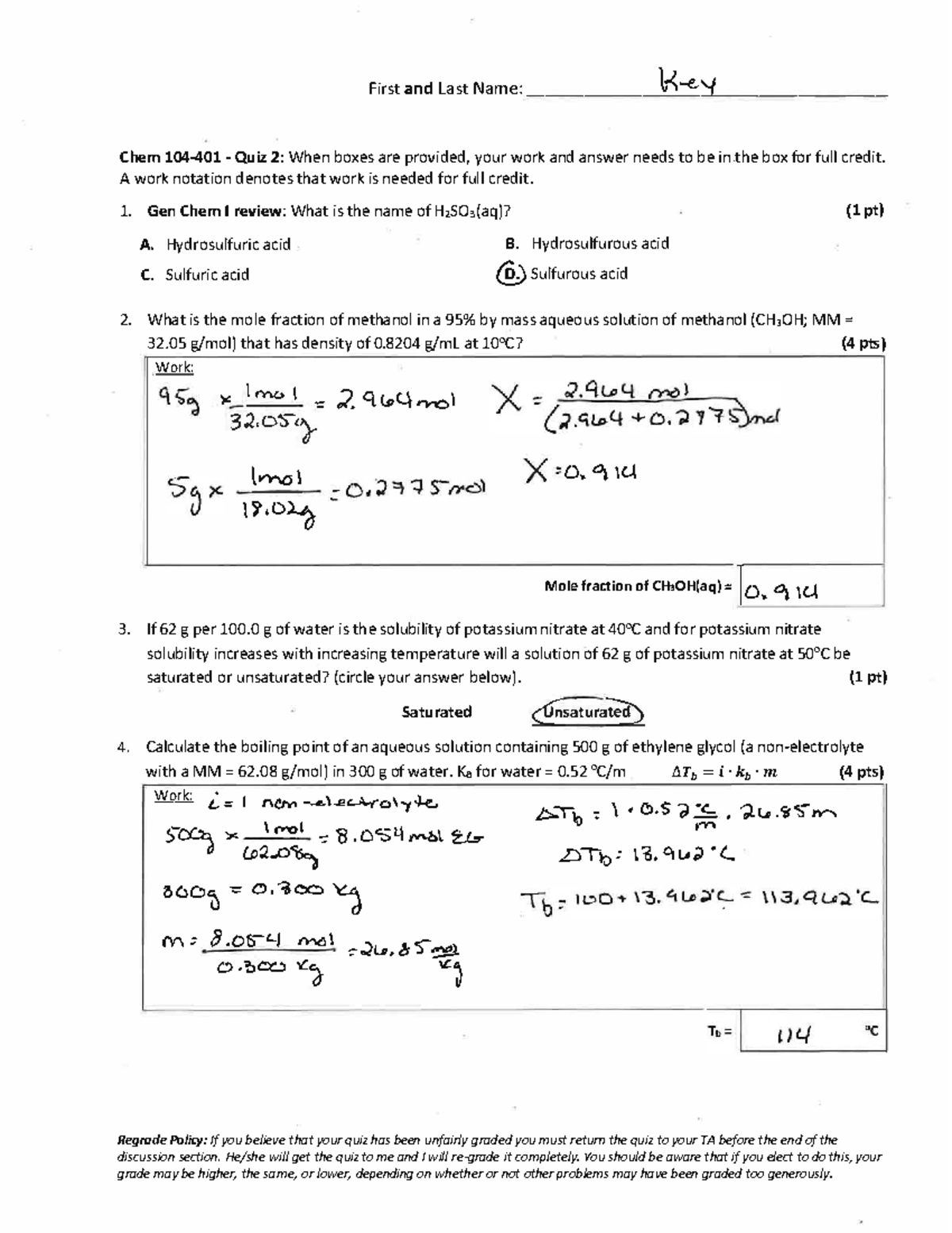 Chem 104: Quiz 2 Key - Solutions and Grading Policy - Studocu