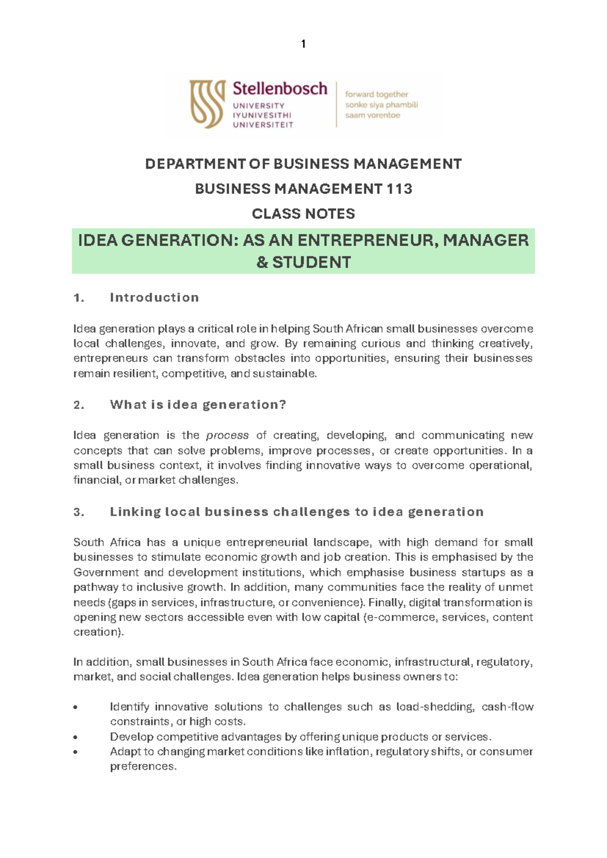 BUSM 113 Class Notes: Idea Generation for Entrepreneurs and Managers ...