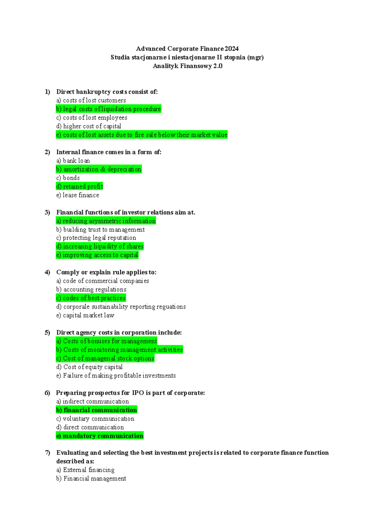 Advanced Corporate Finance 2024 - Exam Questions by Dr. J. Błach - Studocu