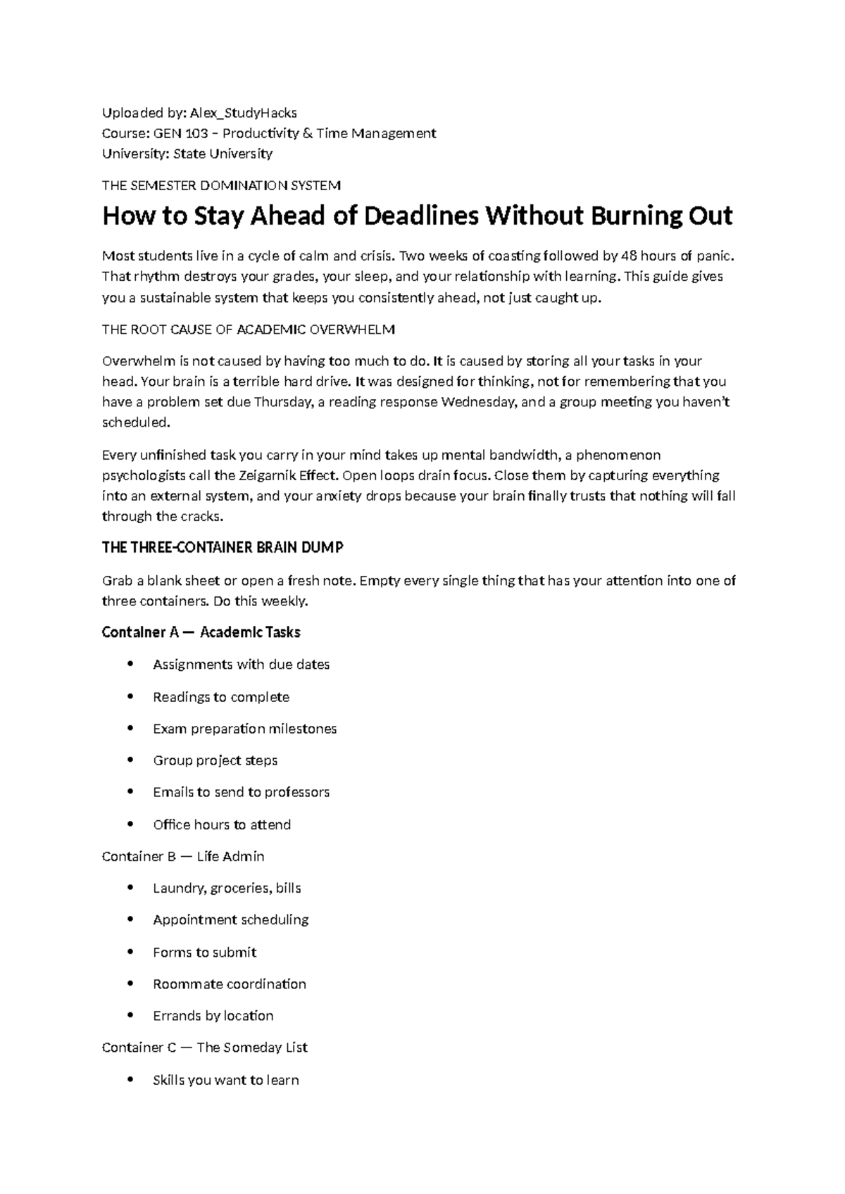 GEN 103 Final Exam Study Guide: Mastering Time Management Techniques ...