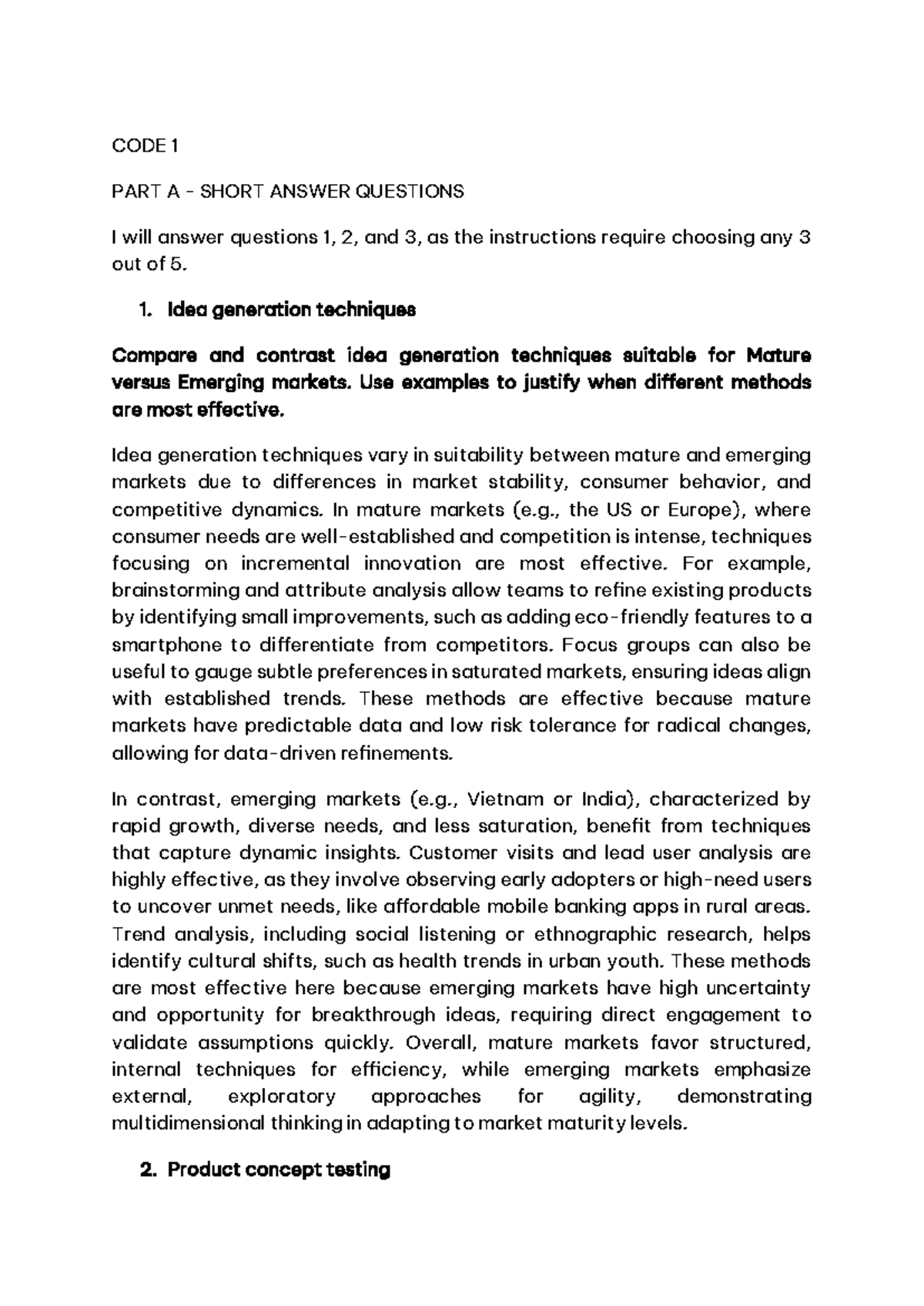 CODE 1 PART A SHORT ANSWER QUESTIONS: Idea Generation & Testing ...