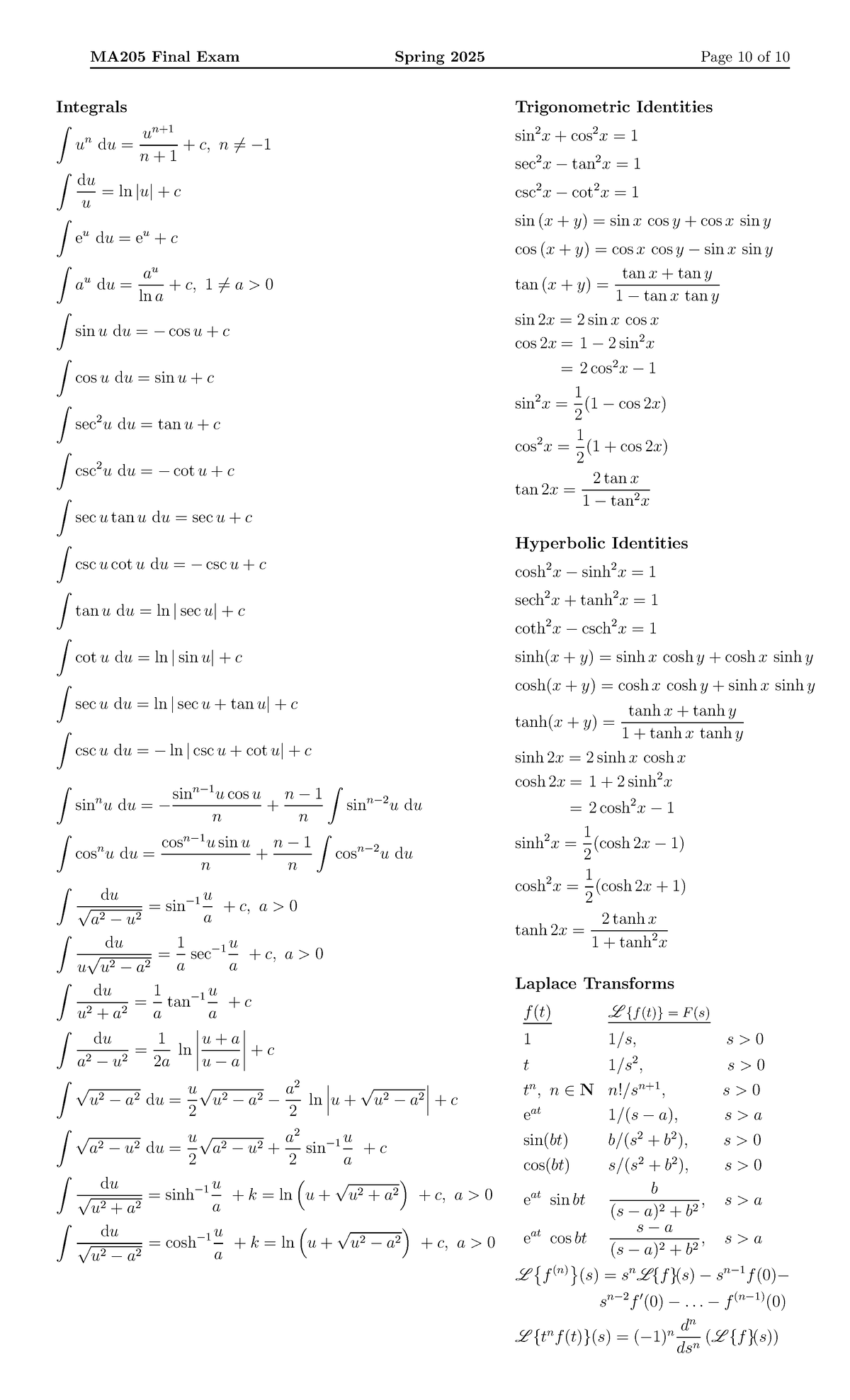 MA205 Final Exam Formula Sheet: Integrals, Identities & Transforms ...
