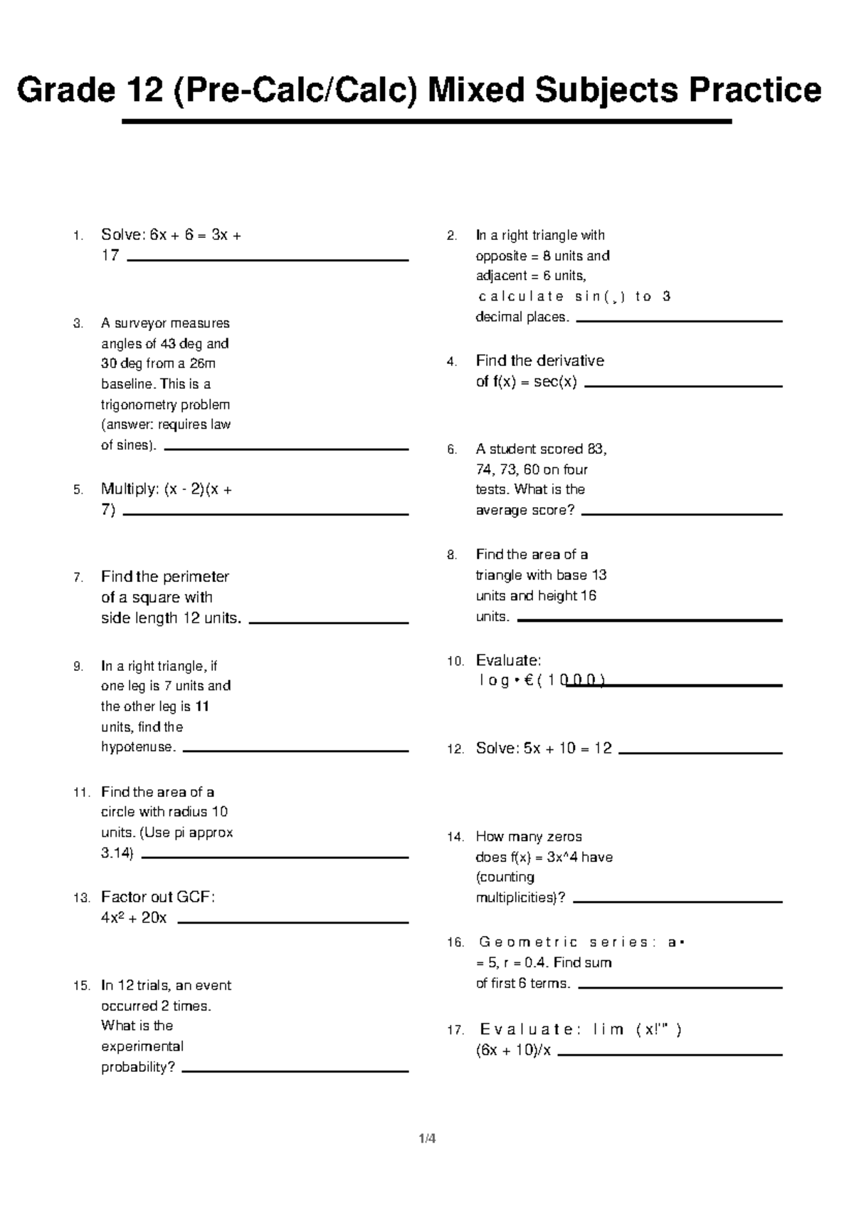 Grade 12 Math Mixed Subjects Practice 4 - Studocu