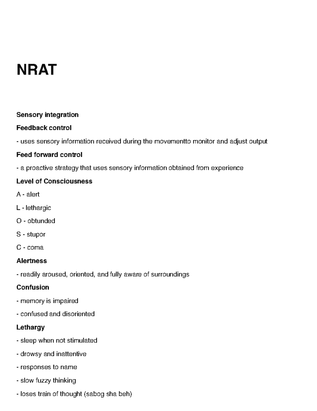 NRAT - CN12: Sensory Integration and Level of Consciousness Overview ...
