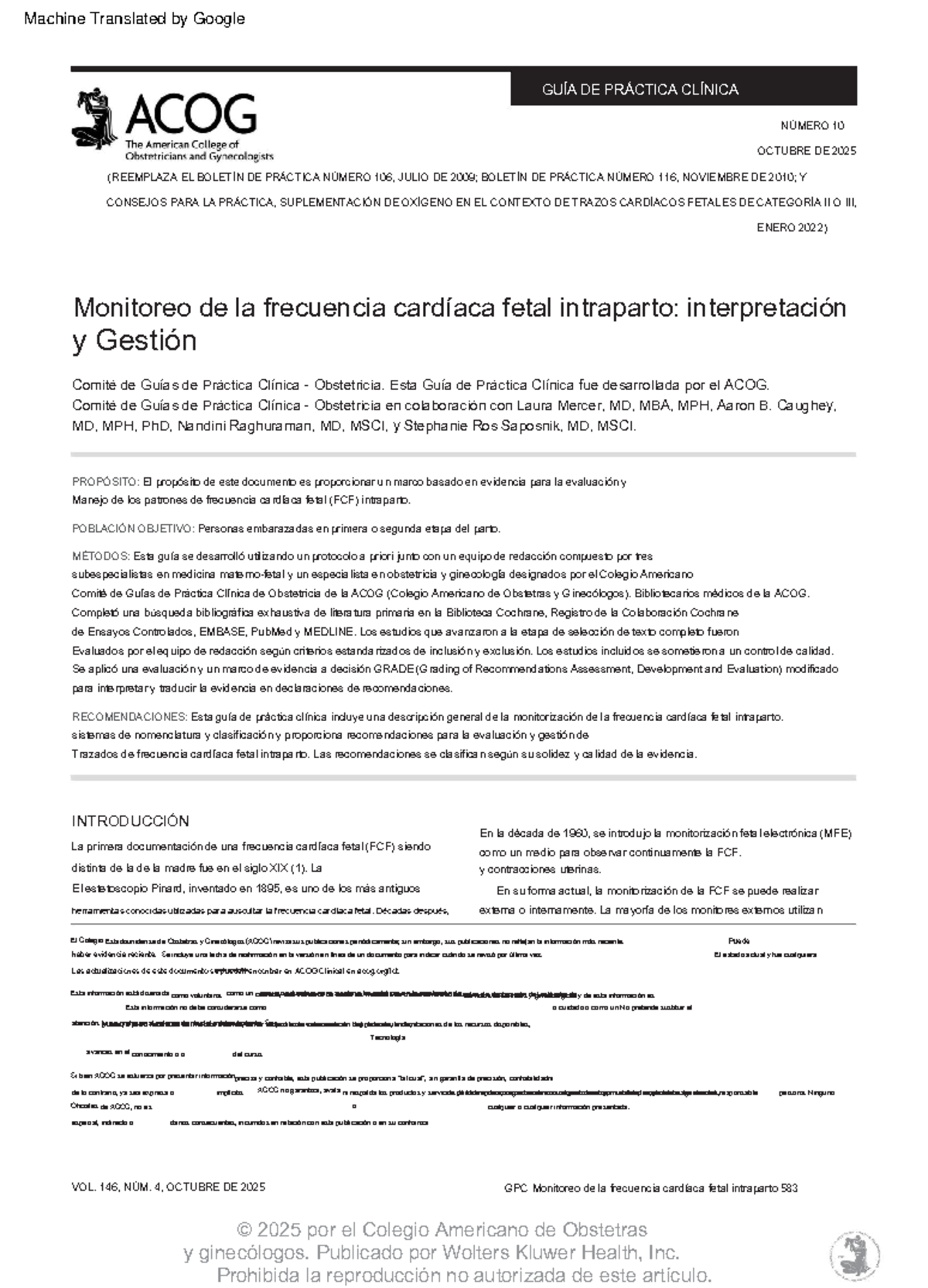 ACOG GPC 10: Monitoreo de la Frecuencia Cardíaca Fetal Intraparto 2025 ...