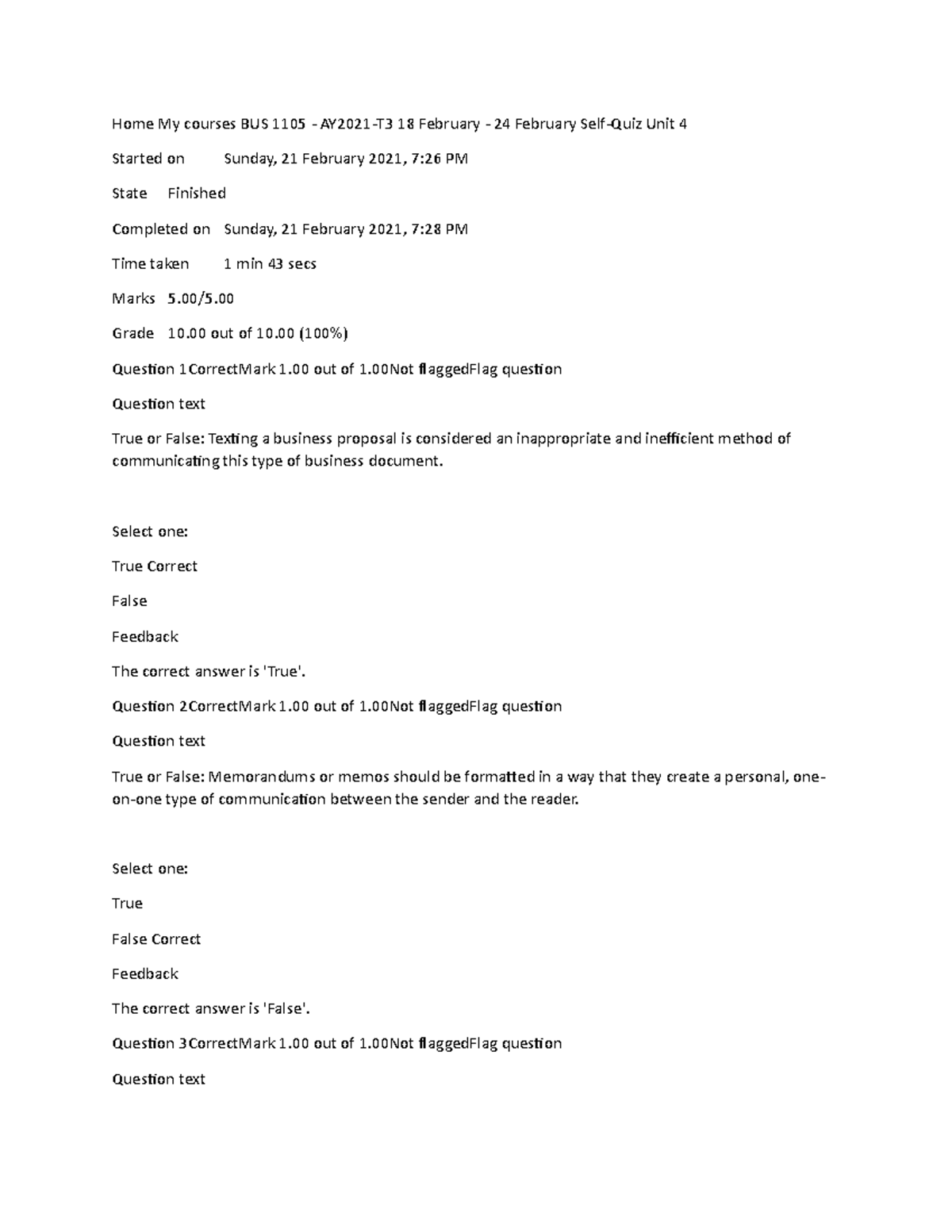 Self quiz unit 4 BUS 1105 - Home My courses BUS 1105 - AY2021-T3 18 ...