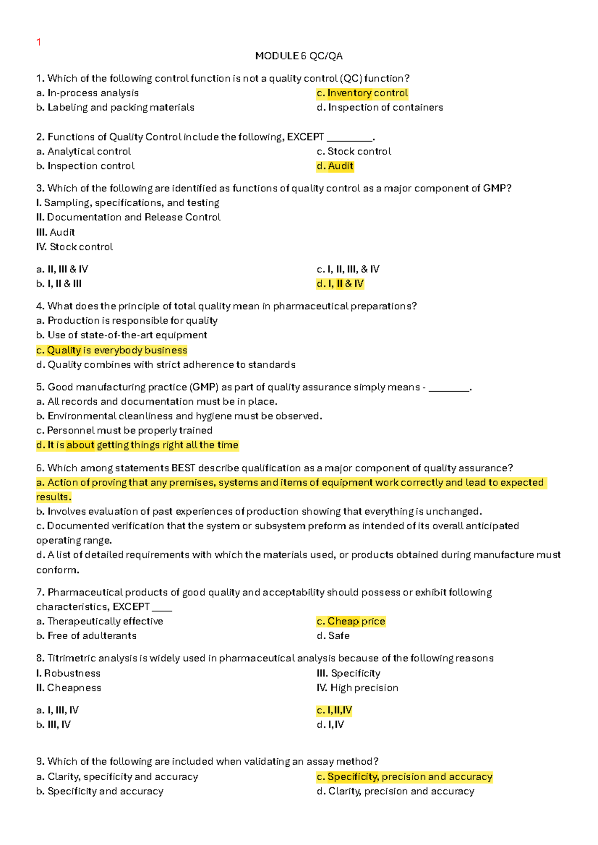 Module 6 QC - Summary of Quality Control Functions and Practices - Studocu