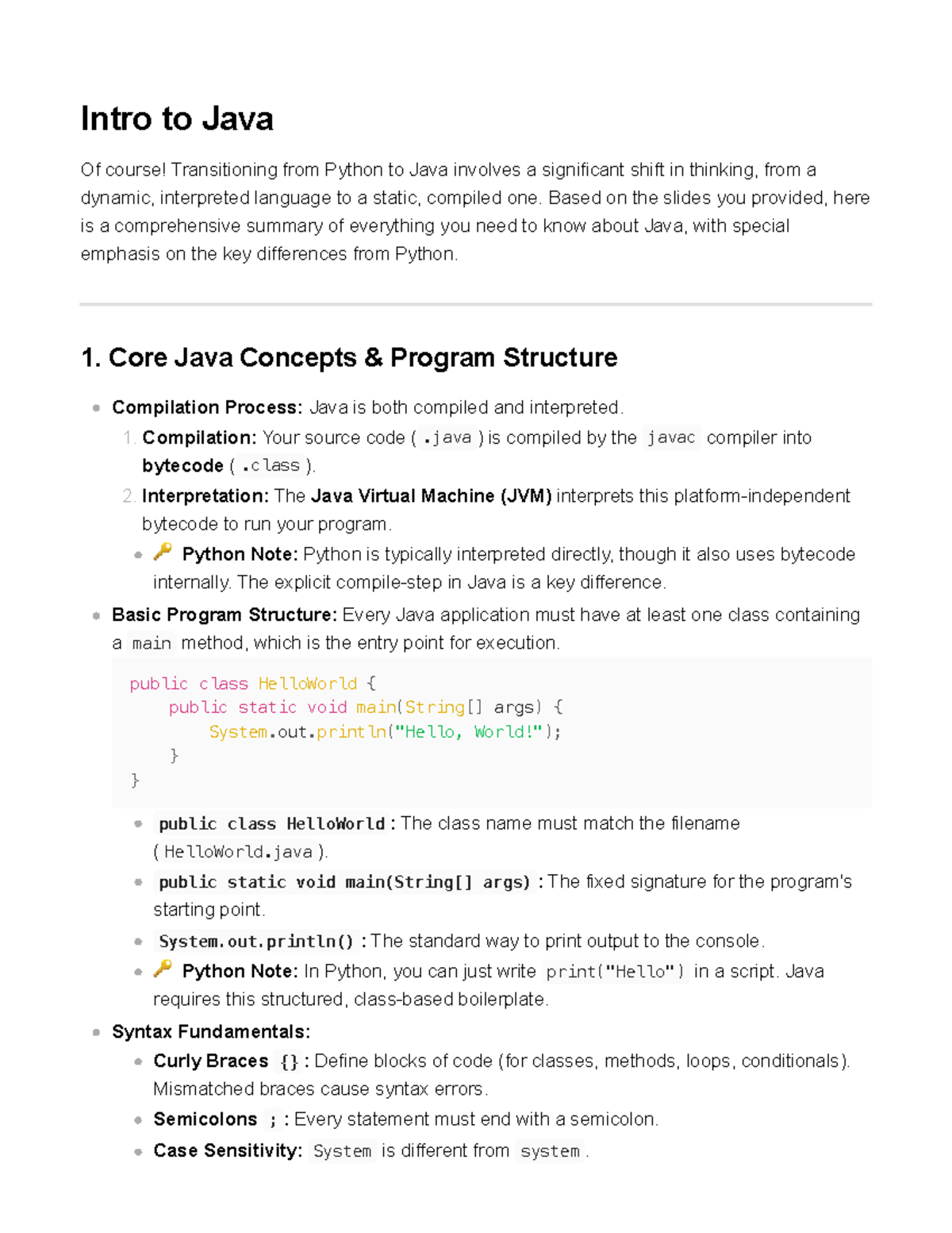 Intro to Java (CS101): Transitioning from Python to Java Notes - Studocu