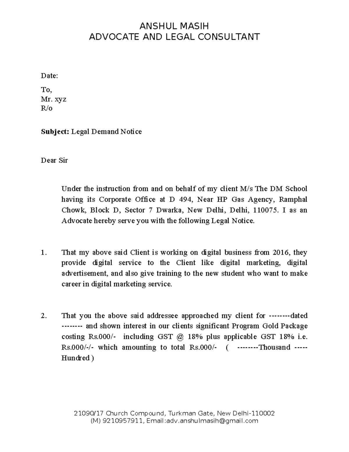 Legal Demand Notice from Advocate Anshul Masih - Template - Studocu