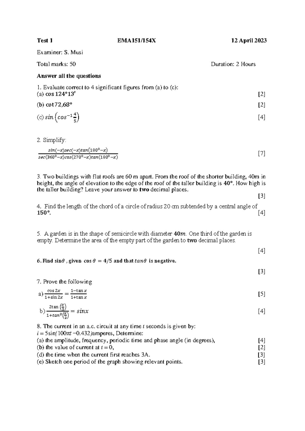 2023 Test 1 Calculus: Exam Questions and Solutions - Studocu