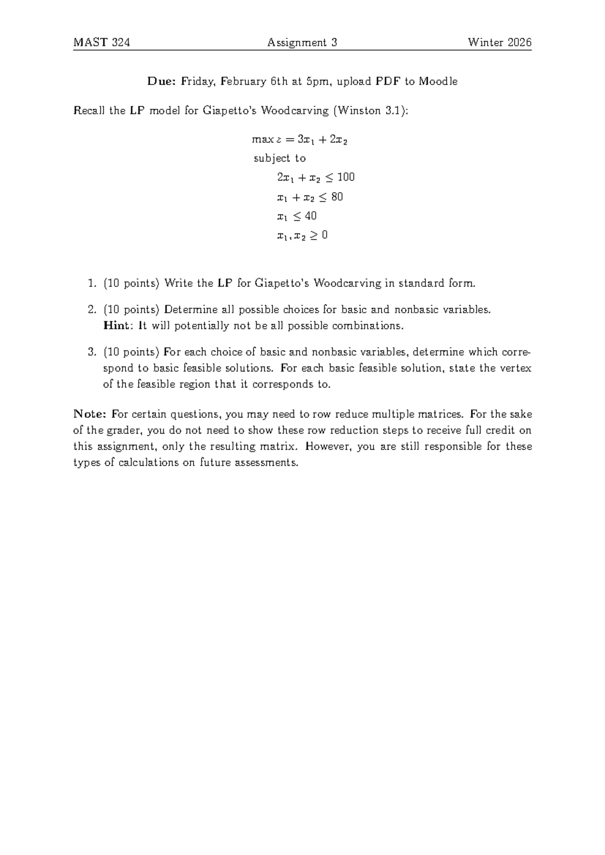 MAST 324 W26 Assignment 3: LP Model for Woodcarving Solutions - Studocu