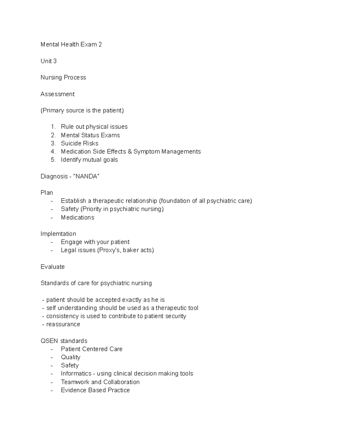 Mental Health Exam 2 Study Notes for Nursing Process and Stress ...
