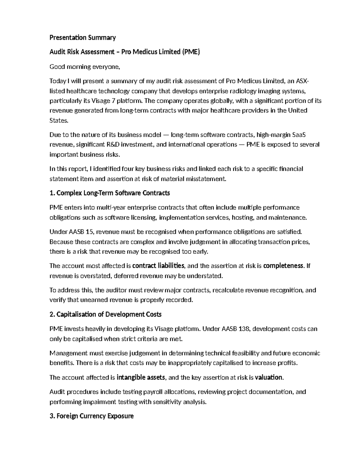 Presentation Summary: Audit Risk Assessment of PME - Studocu