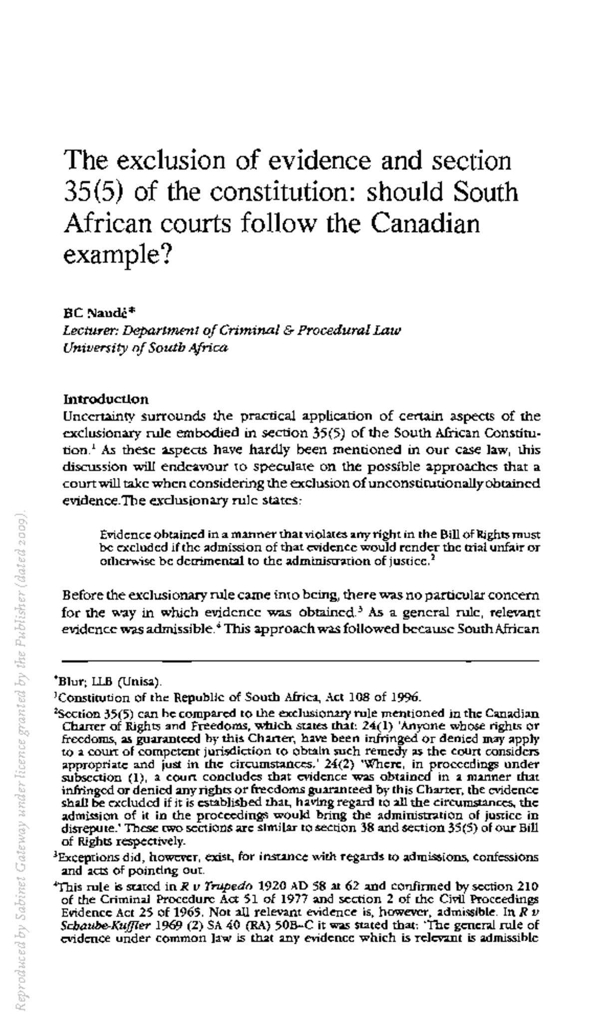 The Exclusion of Evidence and Section 35(5) of the SA Constitution: A ...
