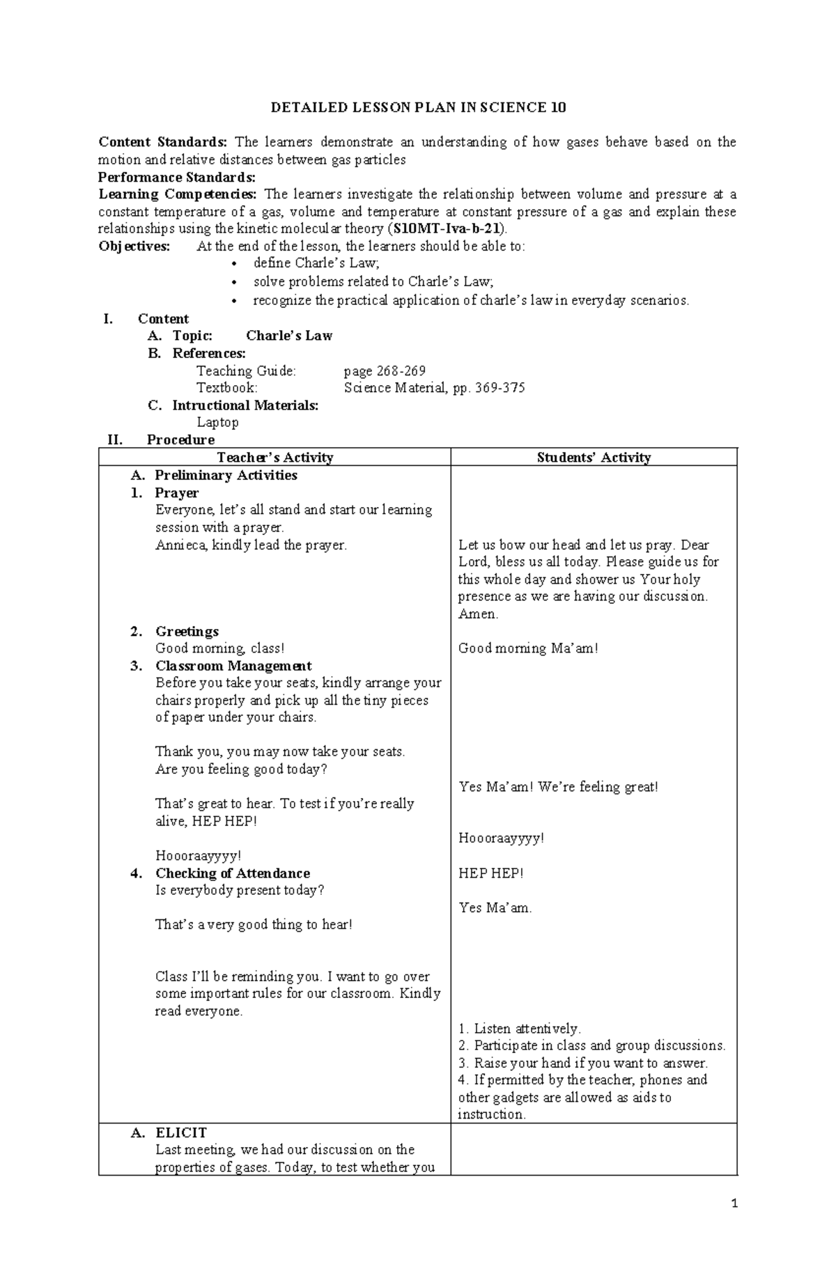 LP CHARLES' LAW - DETAILED LESSON PLAN FOR SCIENCE 10 - Studocu