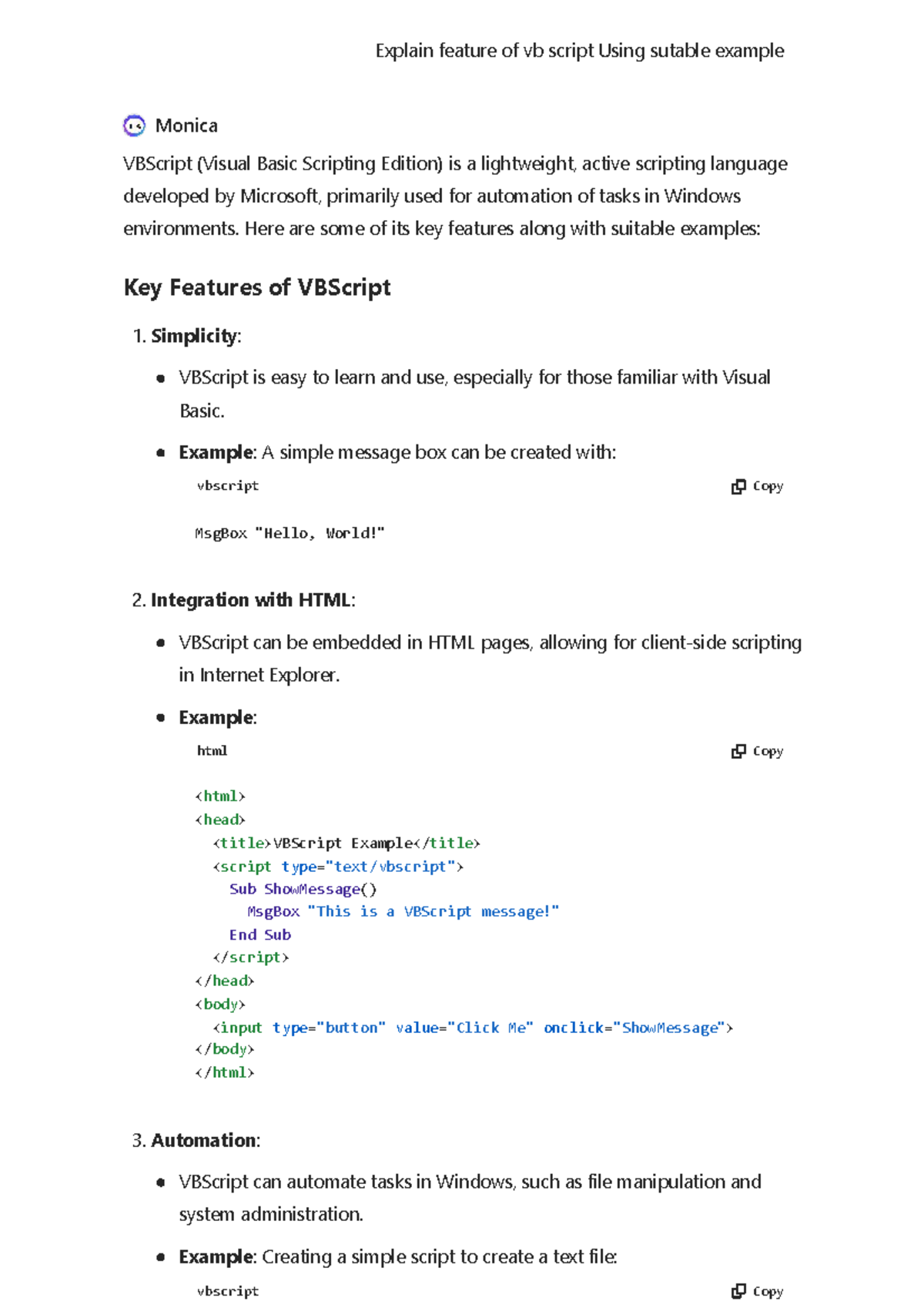VBScript Features with Examples: A Comprehensive Guide (CS101) - Studocu