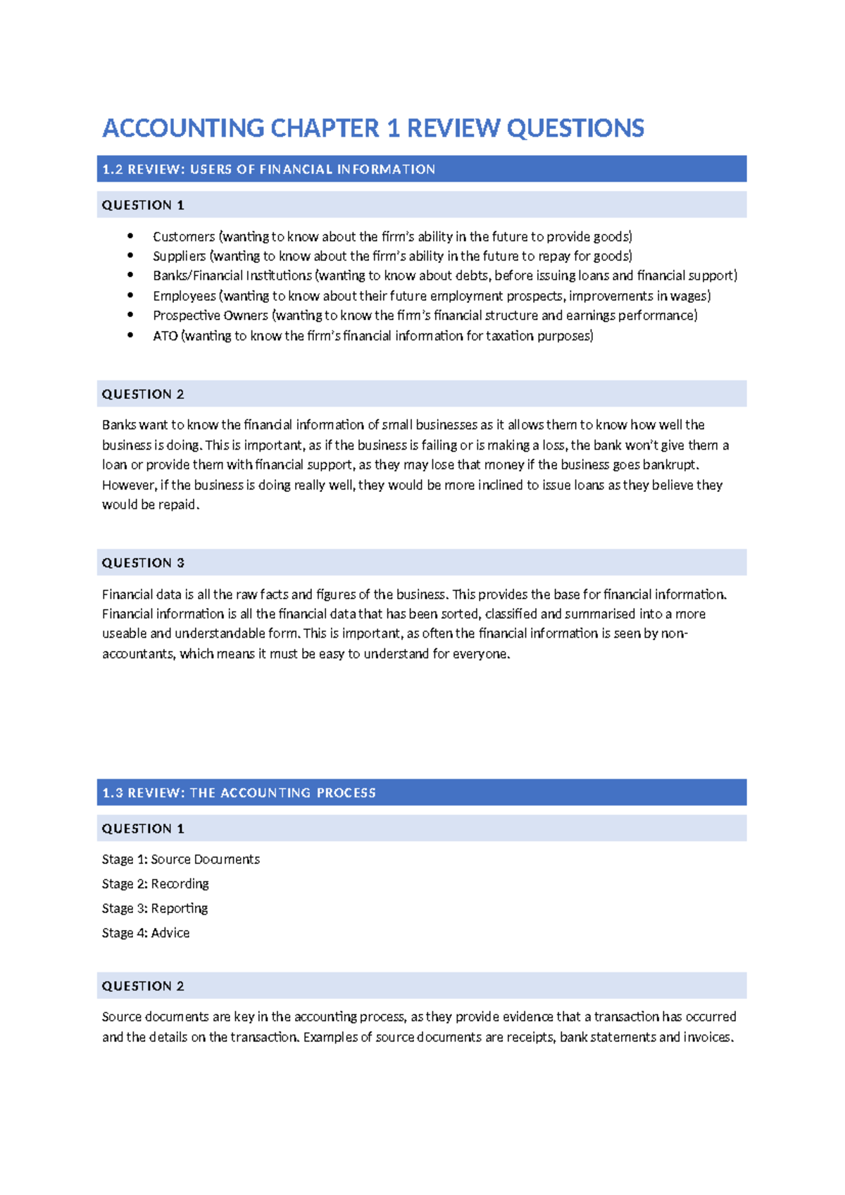 ACCT101: Chapter 1 Review Questions and Key Concepts - Studocu