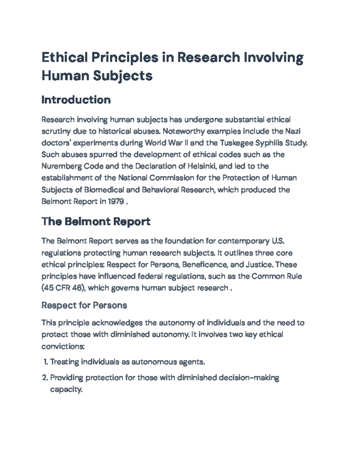 Ethical Principles in Human Subject Research: Overview of the Belmont ...