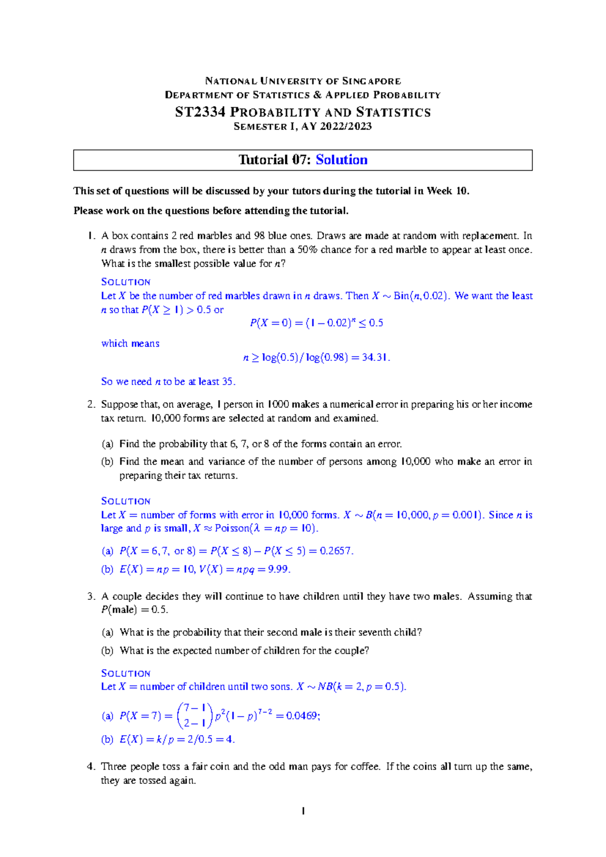 ST2334 Tutorial 07 Solutions: Probability & Statistics Concepts - Studocu