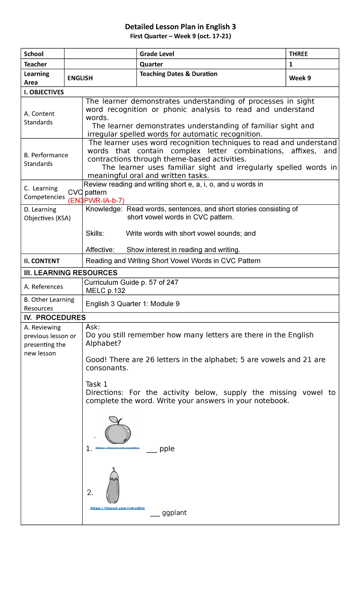 Week 6 - ENGLISH LESSON PLAN - Detailed Lesson Plan in English 3 School ...
