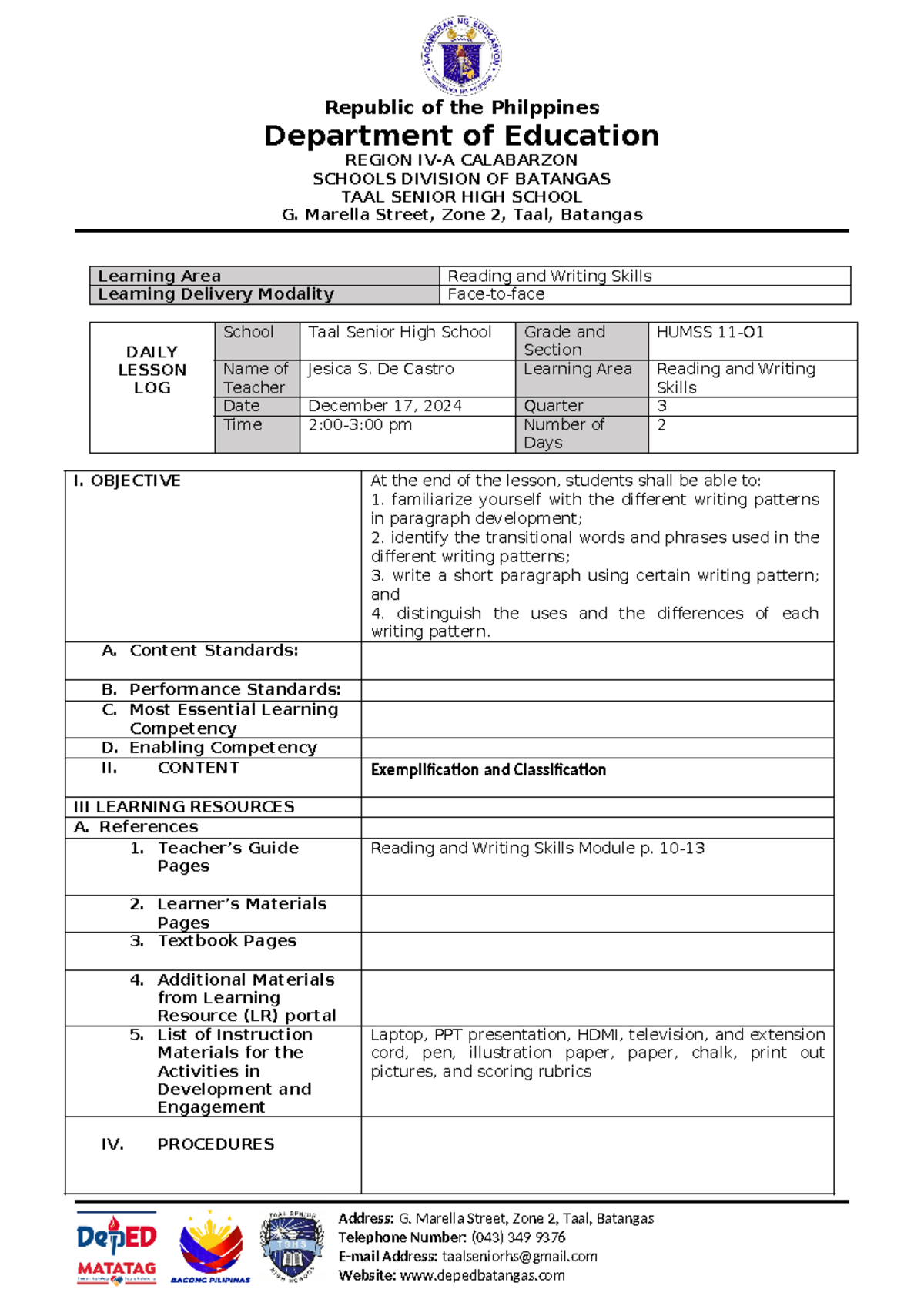 HUMSS 11-O: 2nd Lesson Log on Exemplification & Classification - Studocu