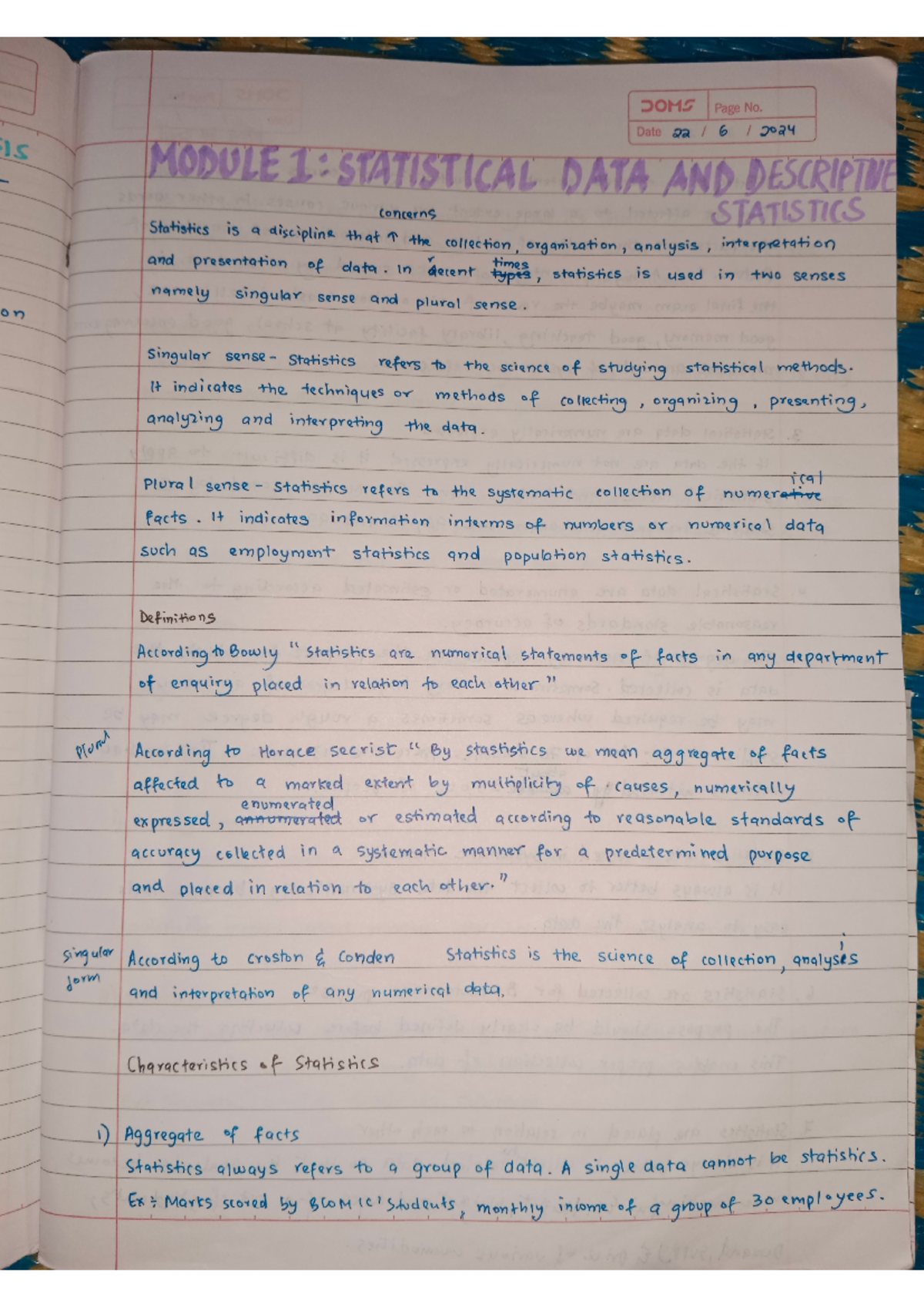 Business statistics - Lecture notes by professor - DOMS Page No. Date ...