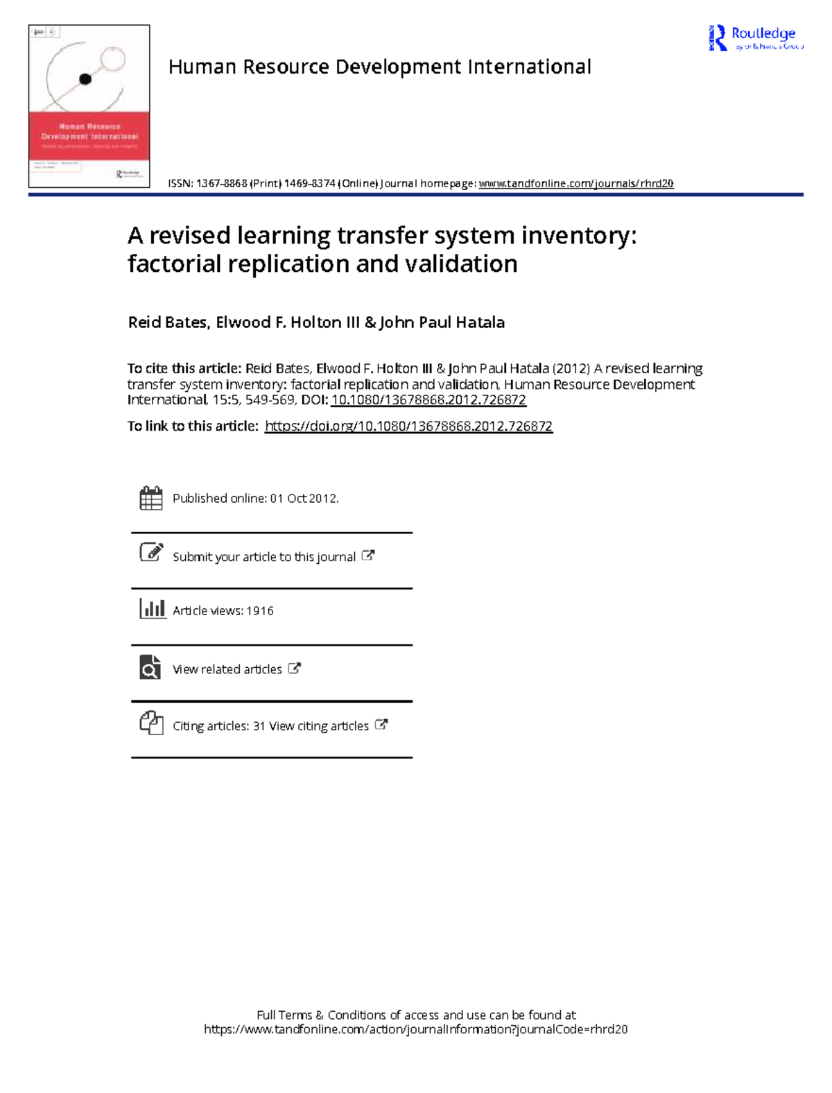 A Revised Learning Transfer System Inventory: Factorial Validation ...