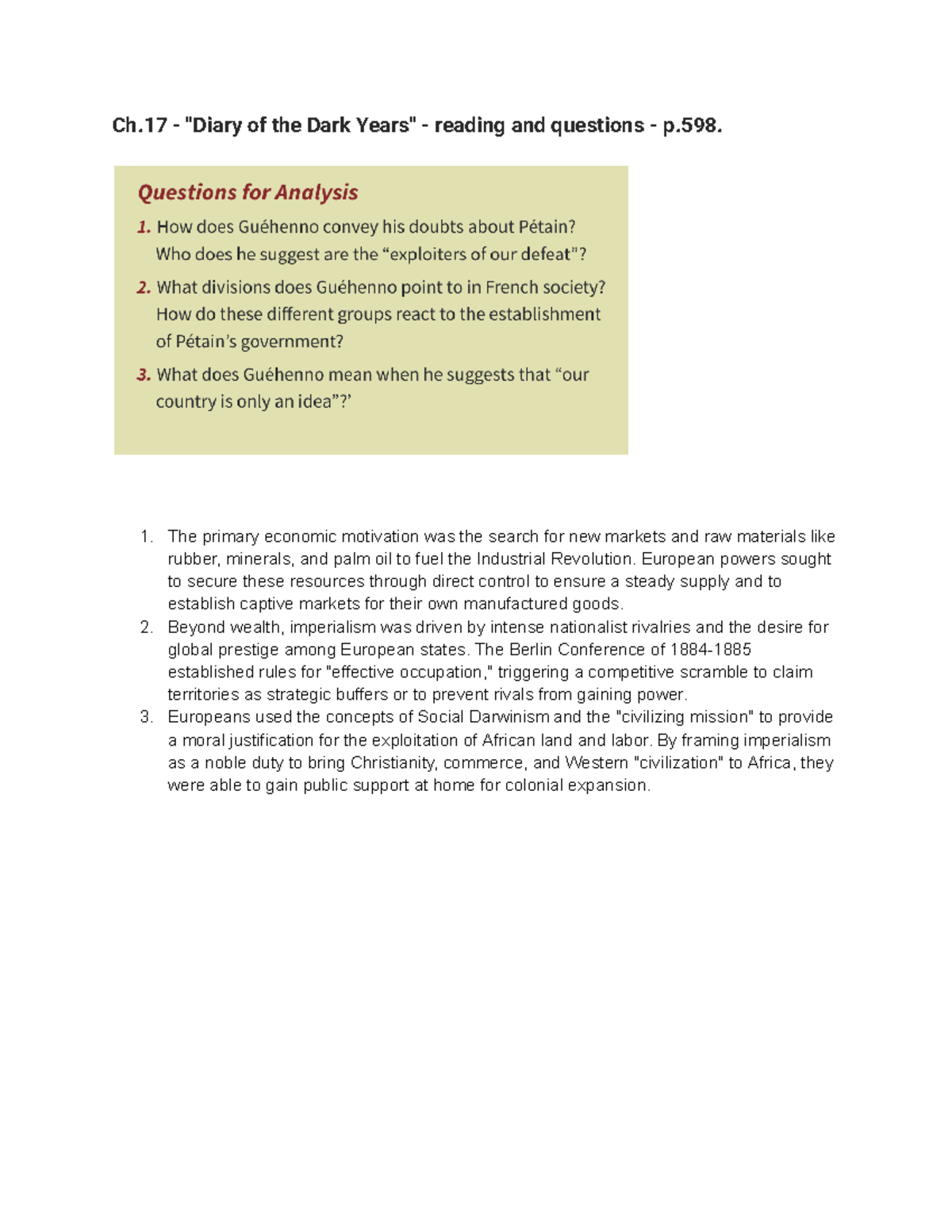 Ch. 17 - Diary of the Dark Years: Economic Motivations & Imperialism ...