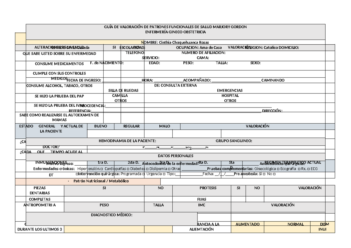 GUÍA DE Valoración DE Patrones Funcionales DE Salud Marjory Gordon
