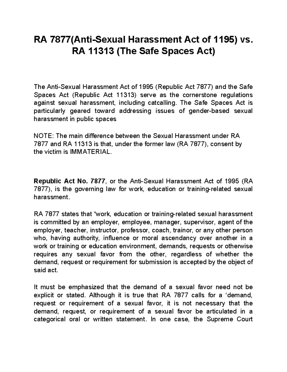 Comparative Analysis of RA 7877 & RA 11313 on Sexual Harassment - Studocu