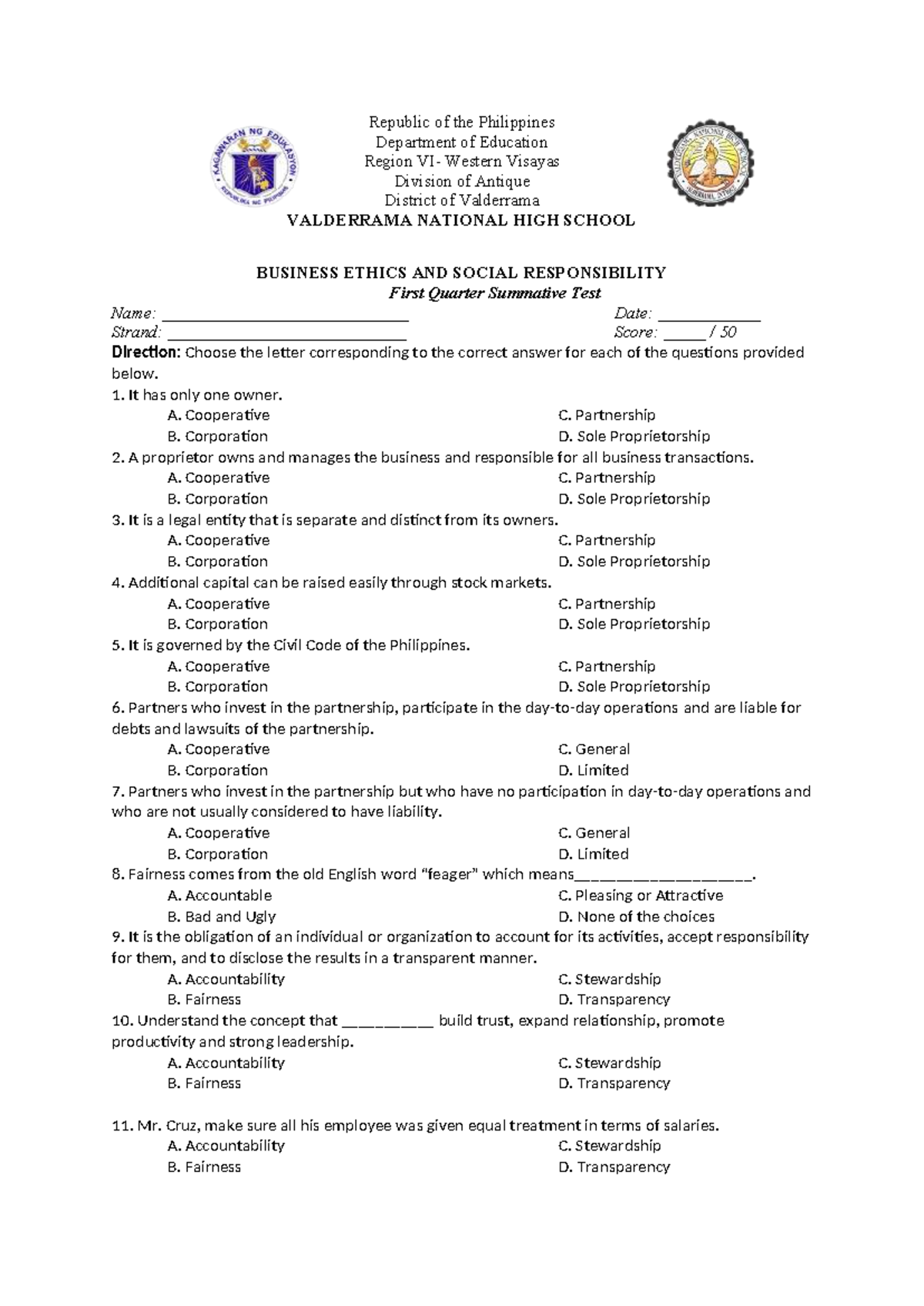 Grade 12 1st Quarter Summative Exam in Business Ethics and Social ...