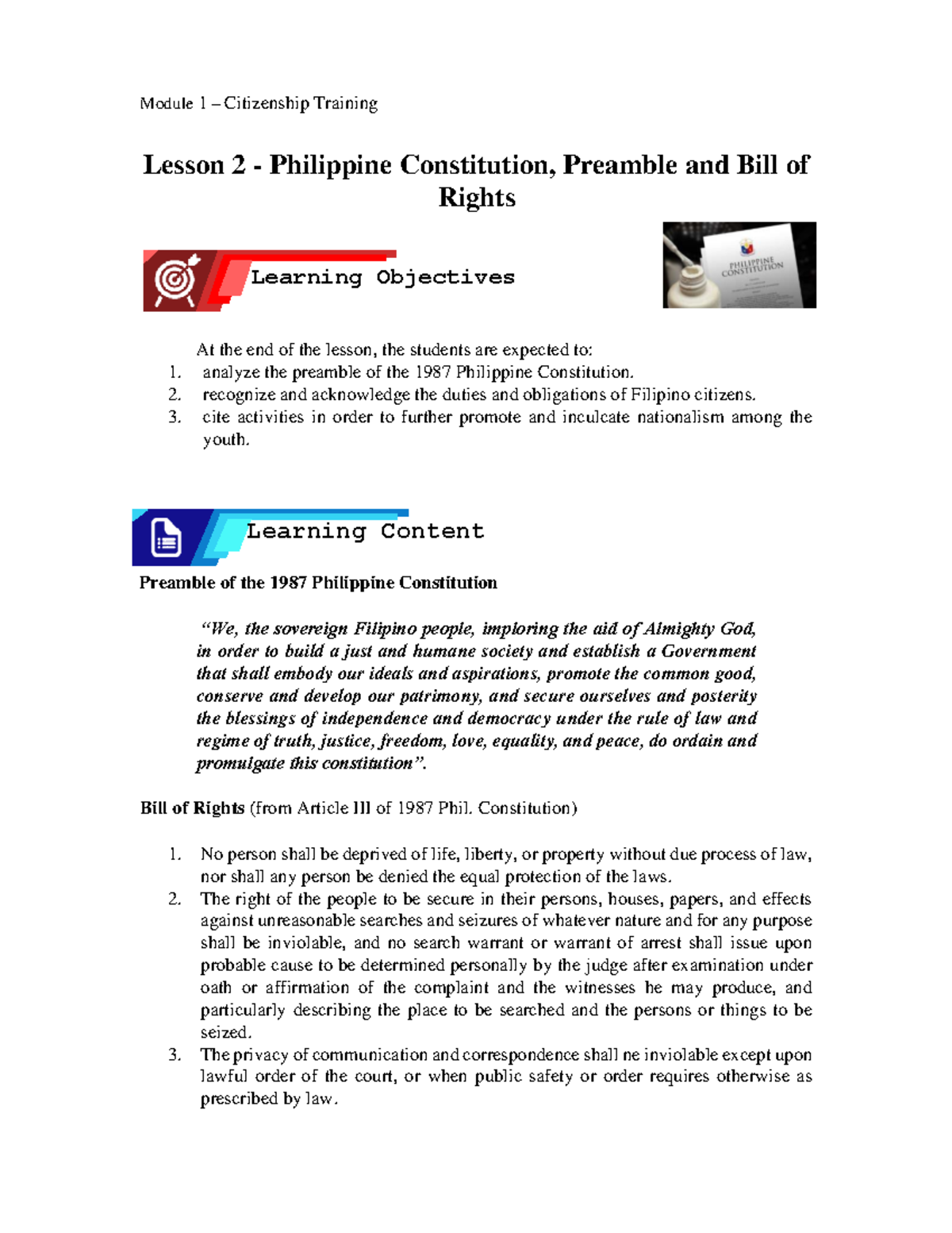 Lesson 2 - Understanding the Philippine Constitution & Bill of Rights ...