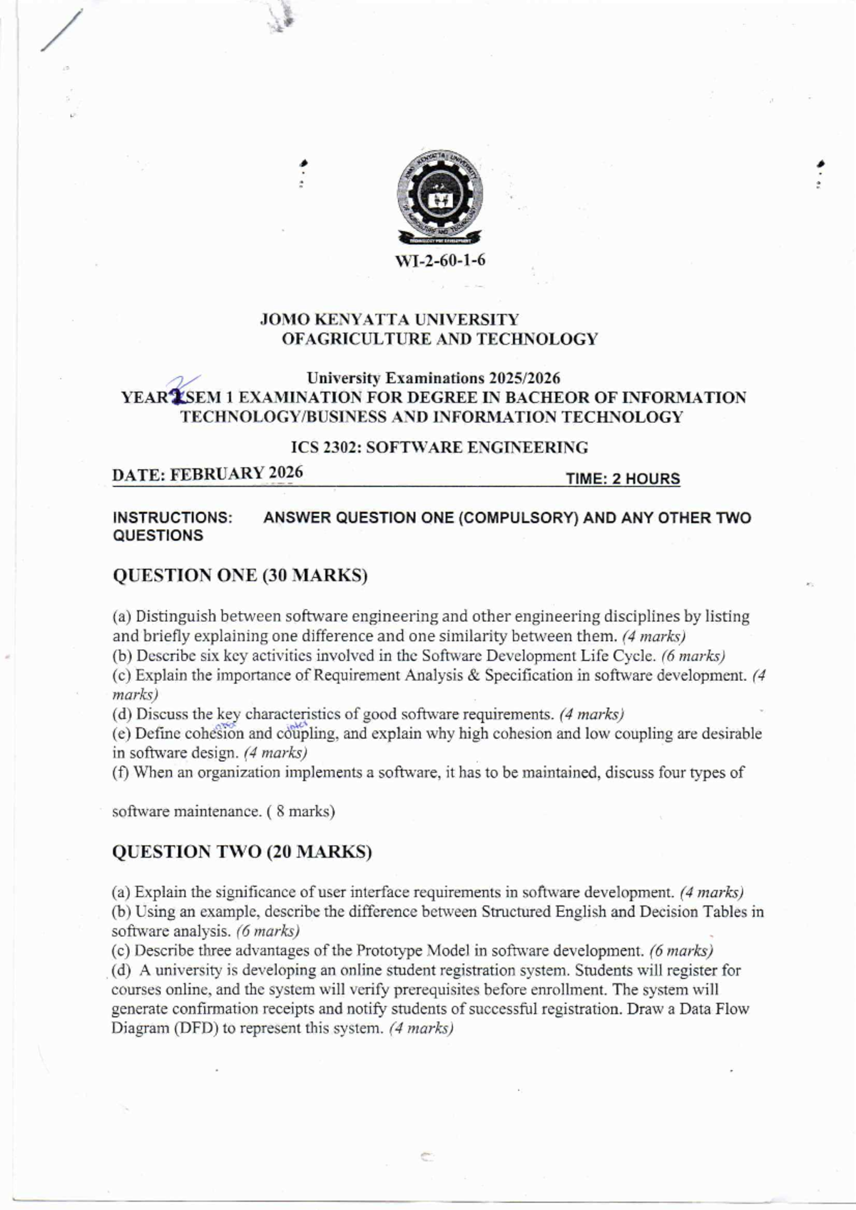 ICS 2302: Software Engineering Past Paper 2025-2026 Exam - Studocu