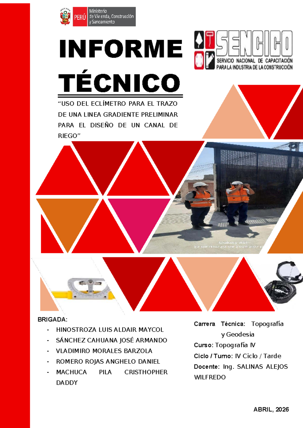 Informe Técnico: Uso del Eclímetro en Diseño de Canal - Topografía IV - Document Preview
