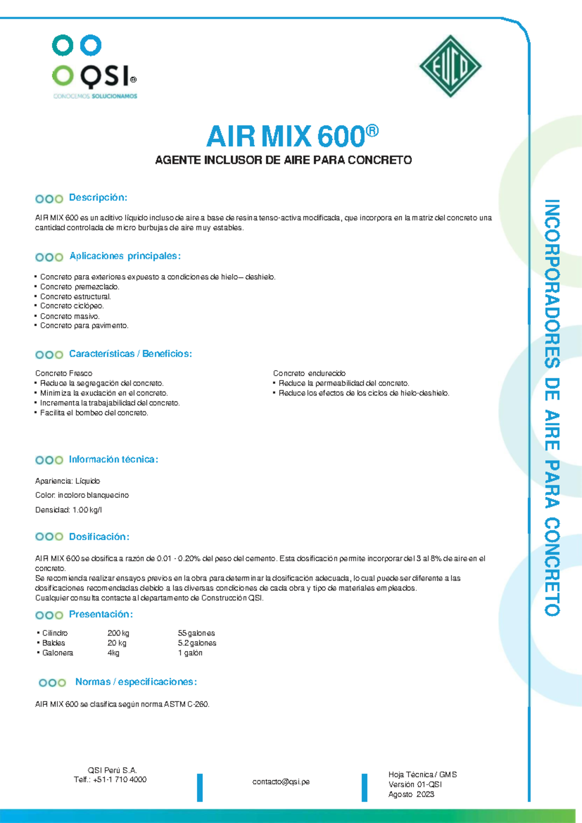 Hoja Técnica AIR MIX 600: Aditivo Inclusor de Aire para Concreto - Document Preview