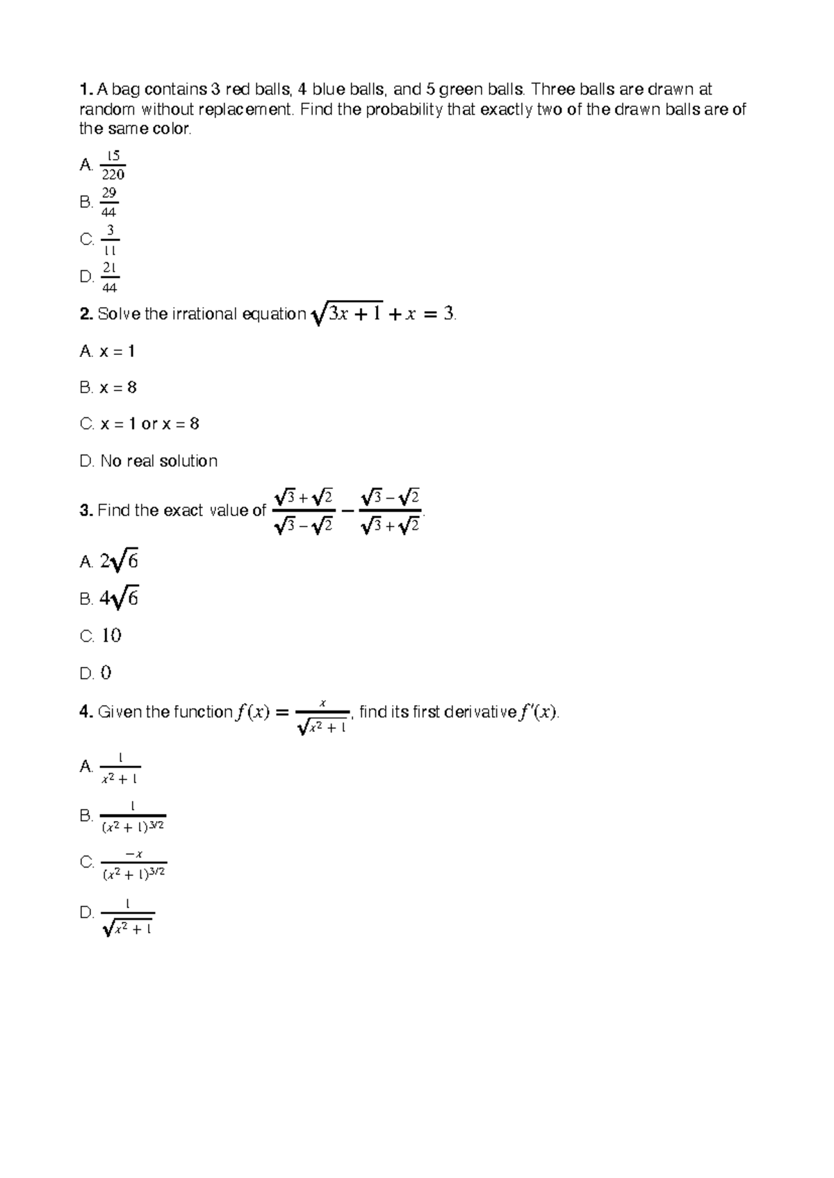 Mid-Exam 9 - Probability and Algebra Problems - Studocu