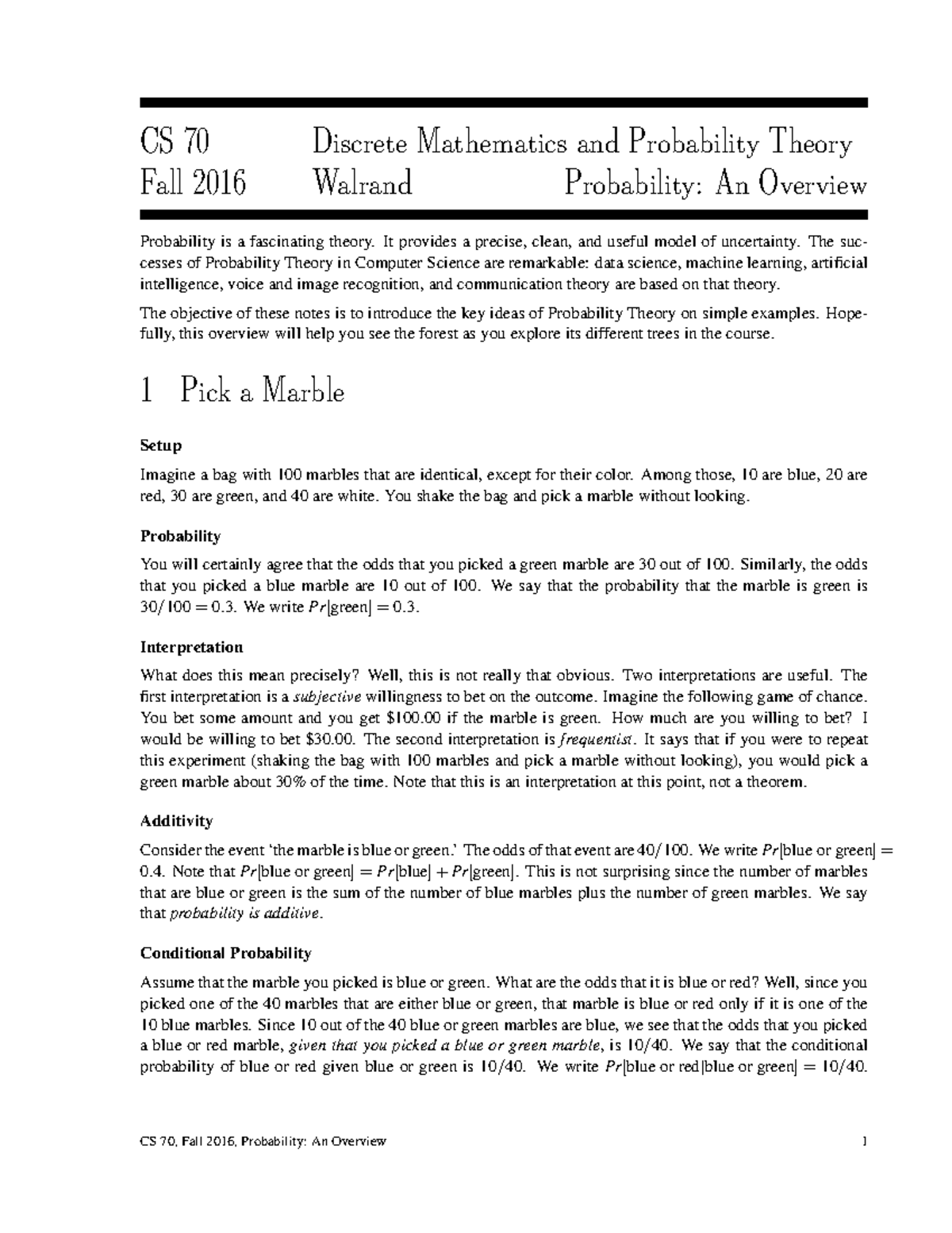CS 70 Fall 2016: Overview of Probability Theory Concepts - Studocu