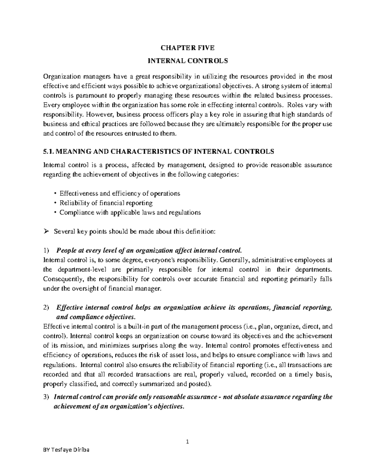 Audit I chapter 5 - Lecture note - 1 CHAPTER FIVE INTERNAL CONTROLS ...
