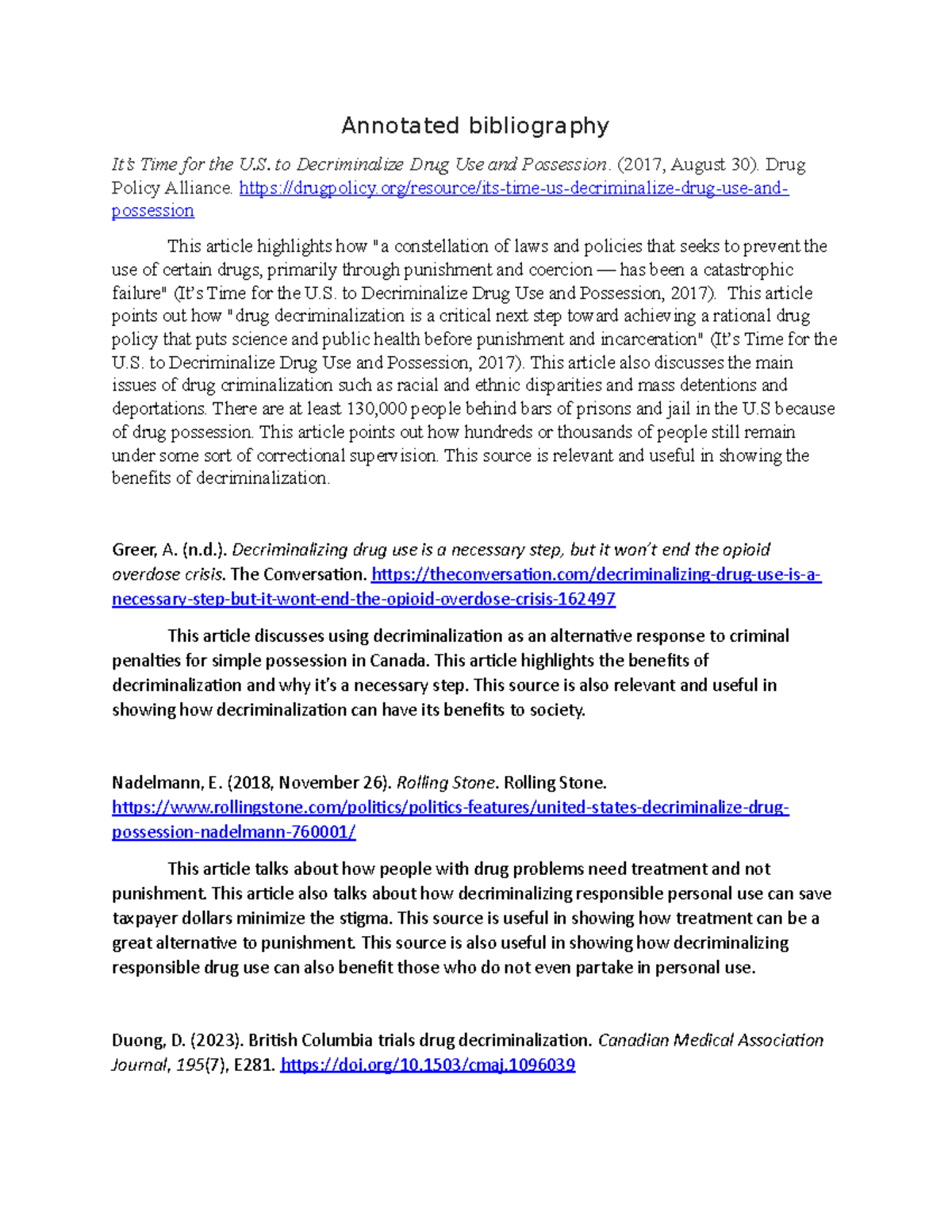 4-2 Annotated Bibliography on Drug Decriminalization Arguments - Studocu