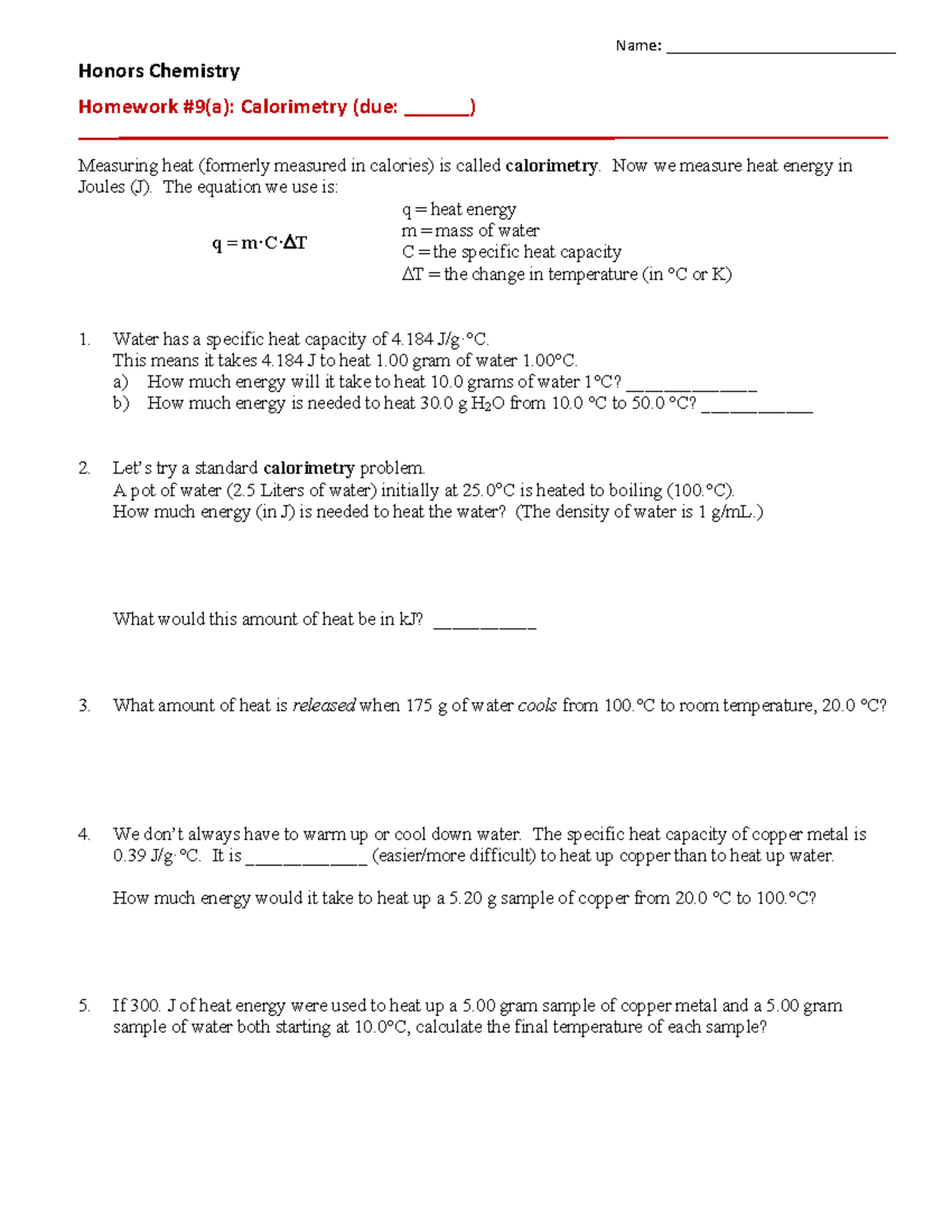Honors Chemistry HWK 9a: Calorimetry Worksheet Guide - Studocu
