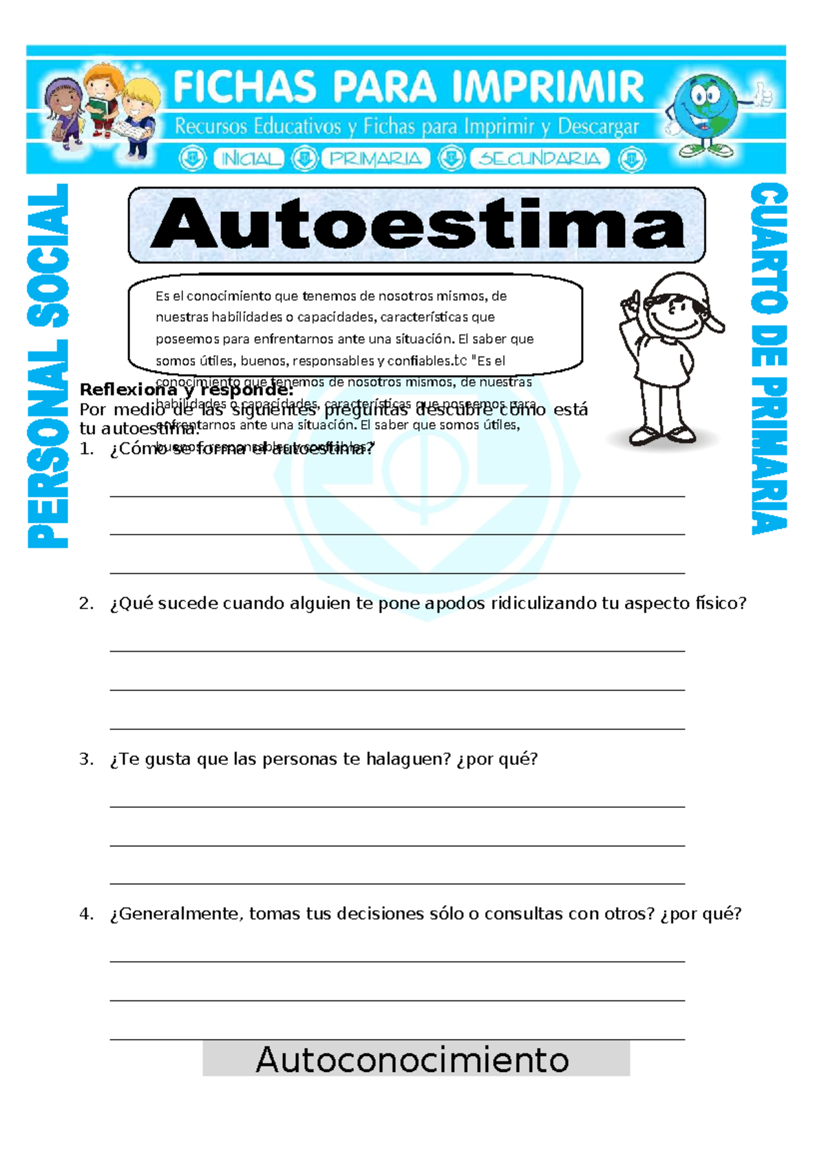 Ficha sobre la Autoestima para Cuarto de Primaria - Studocu