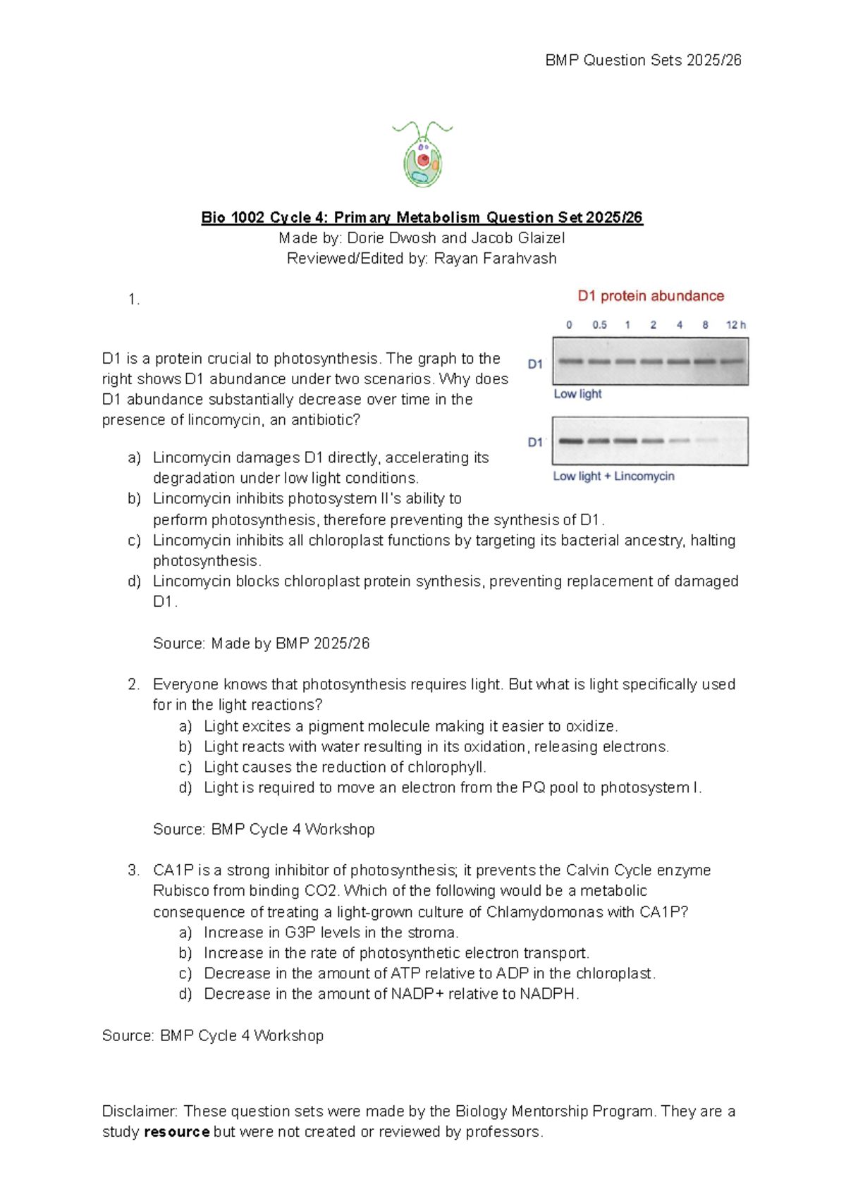 BIO 1002 Cycle 4 BMP Question Set: Primary Metabolism Insights - Studocu