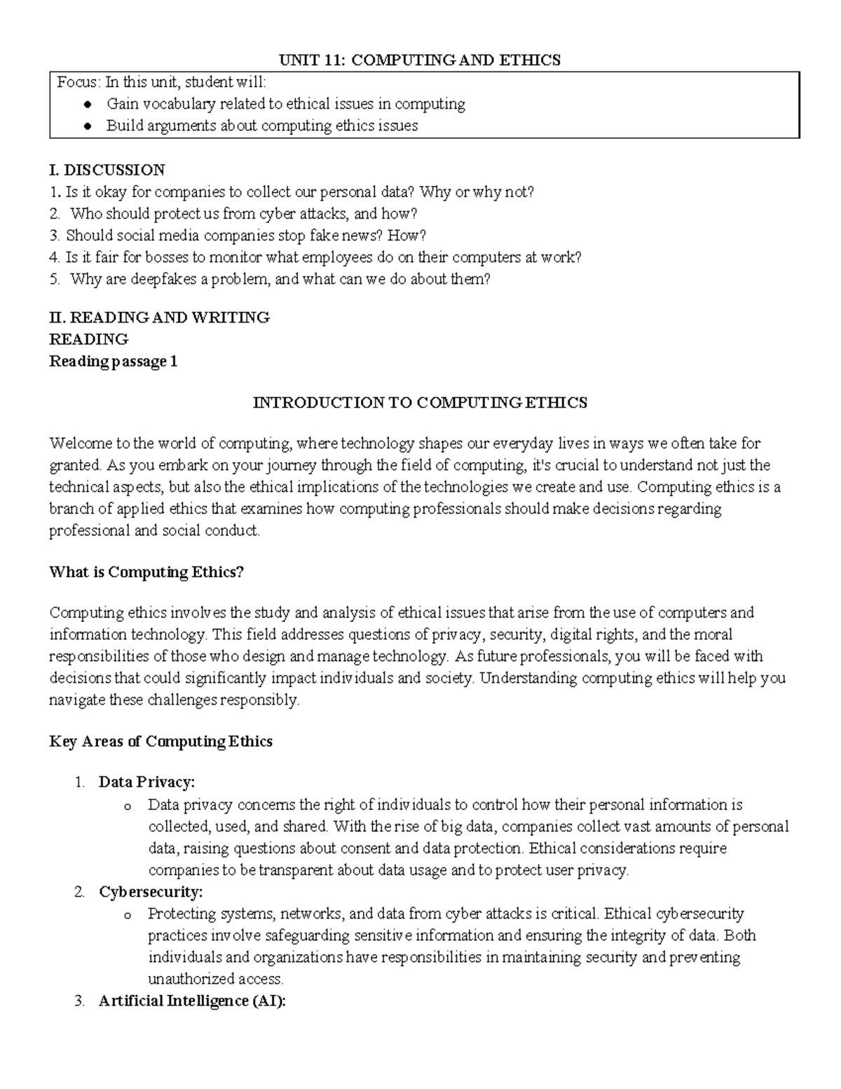 UNIT 11: COMPUTING ETHICS - Key Concepts and Discussions - Studocu