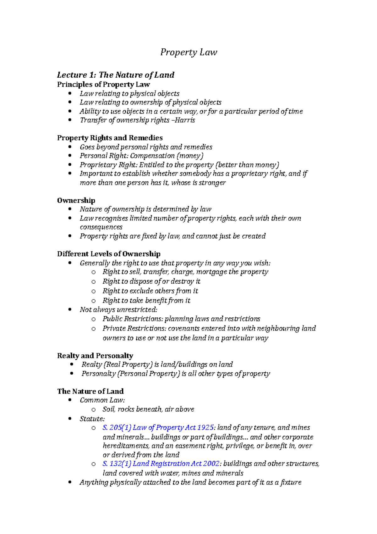 Property Law Lecture Notes: Land Ownership Principles and Rights - Studocu