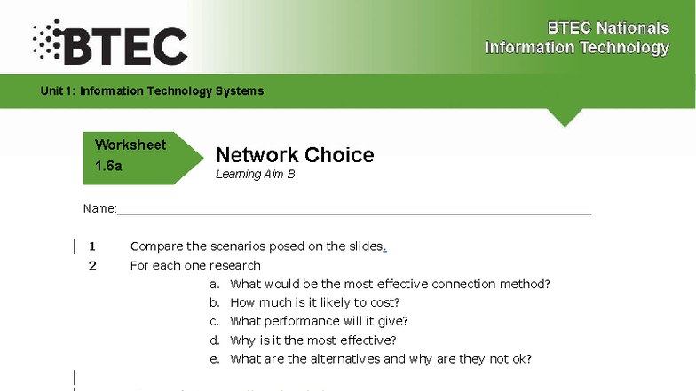 Network Task - Unit 1: Information Technology Systems Network Choice ...