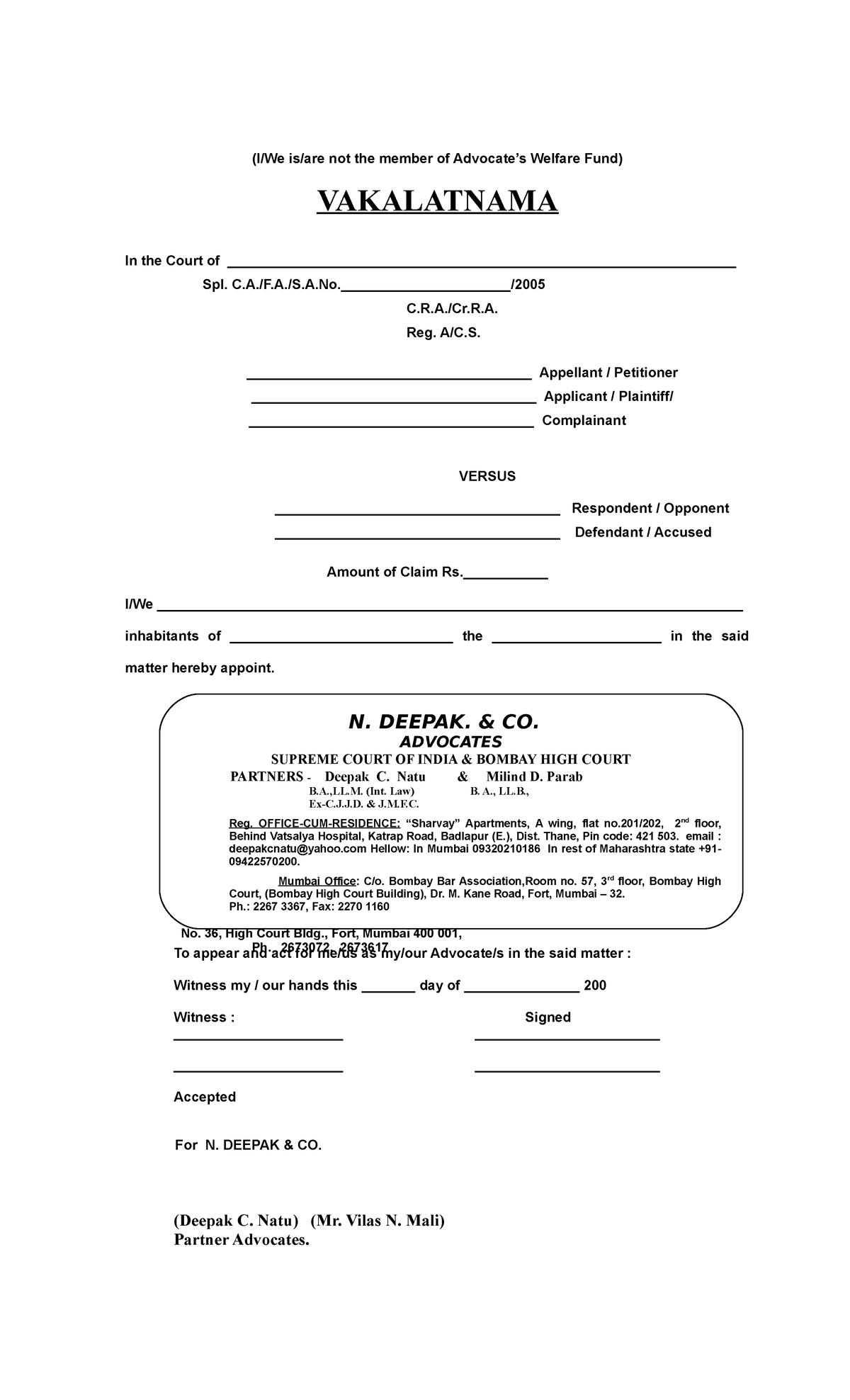 Vakalatnama Draft for Lower Court Proceedings (Civil & Criminal) - Studocu