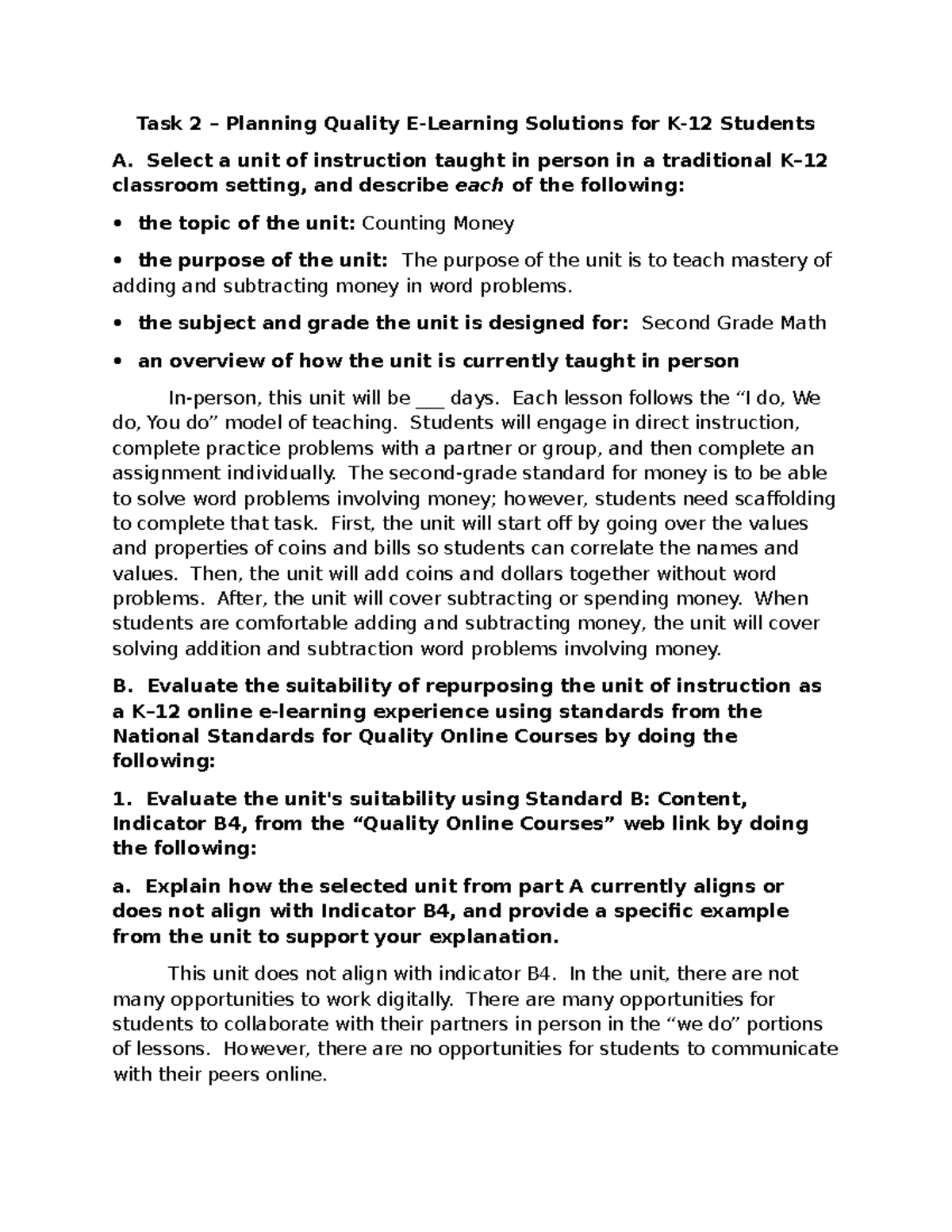D296 Task 2 - Unit Plan - Task 2 – Planning Quality E-Learning ...